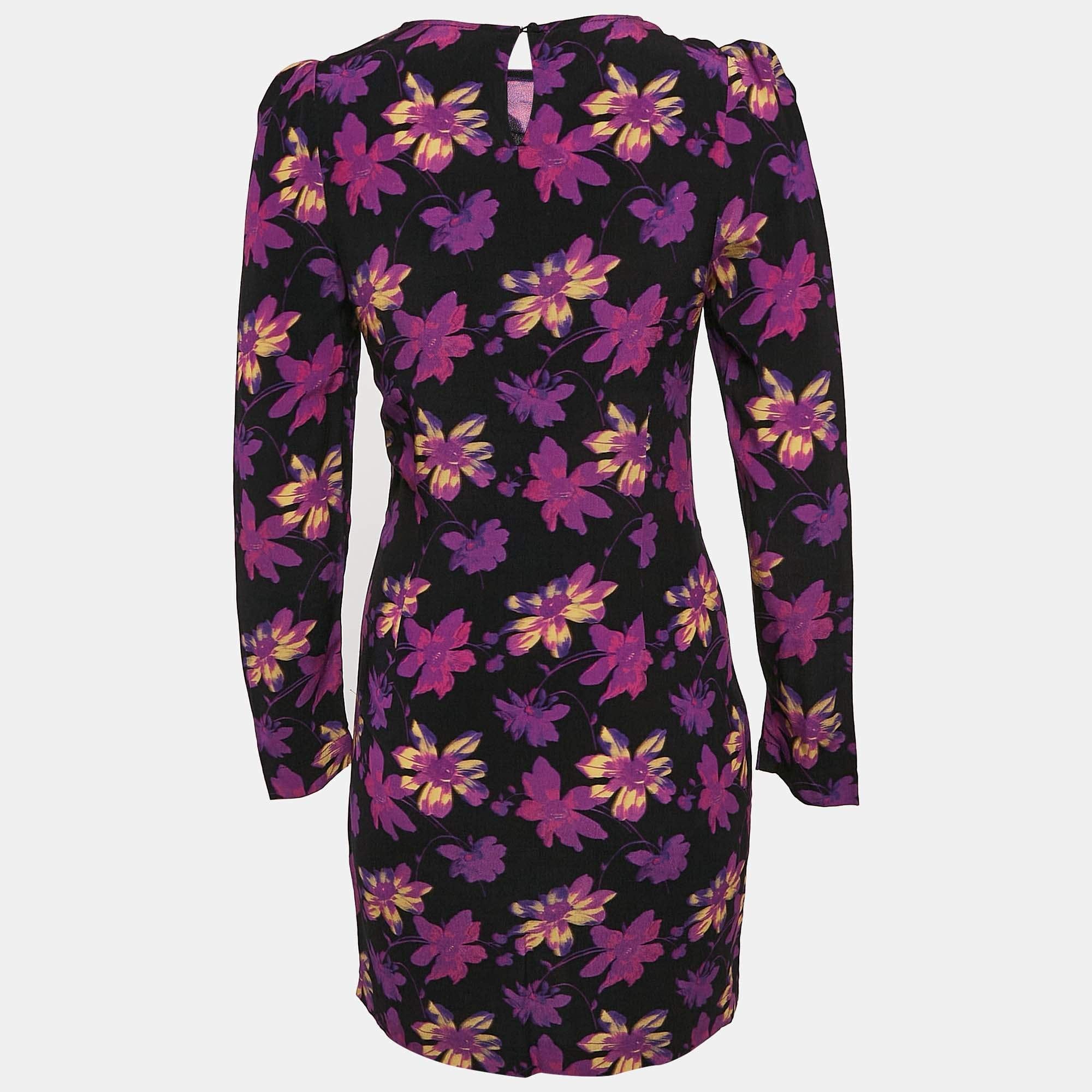 Maje Black Floral Ruched Long Sleeve Mini Dress