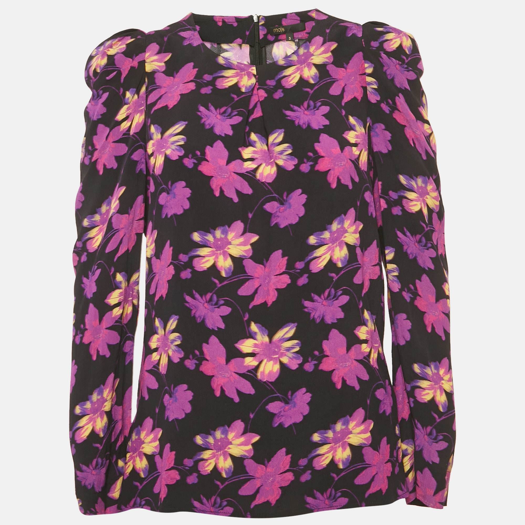 Maje Black Floral Print Crepe Puff Sleeve Blouse