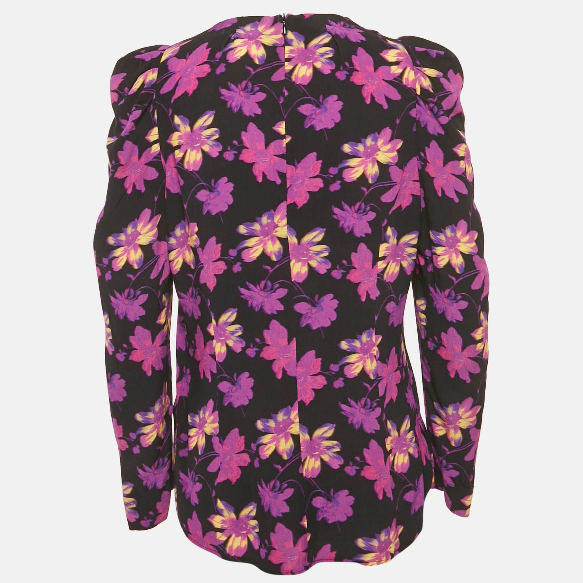 Maje Black Floral Print Crepe Puff Sleeve Blouse