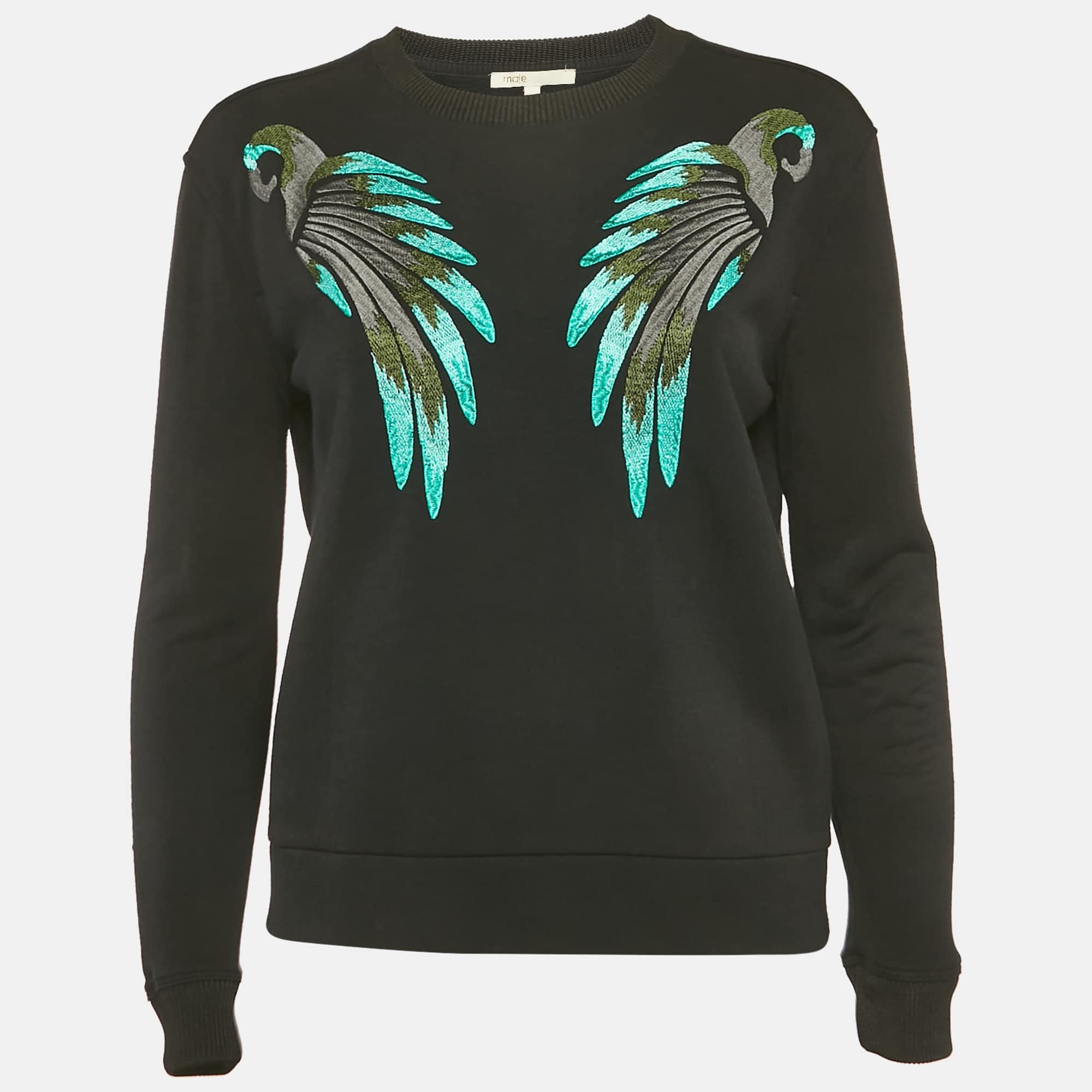 Maje Black Embroidered Wings Crepe Sweatshirt