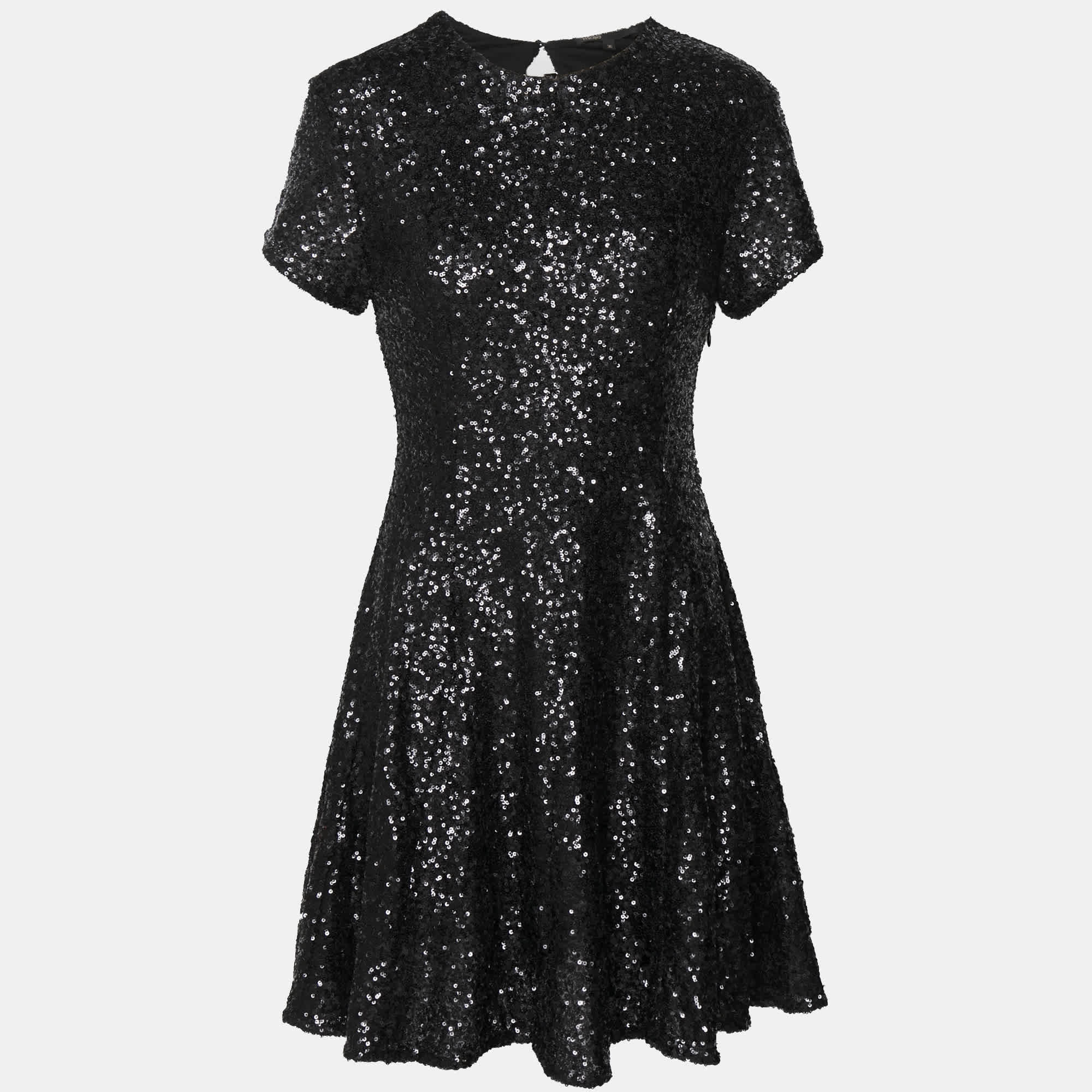 Maje Black Sequin Flared Mini Dress