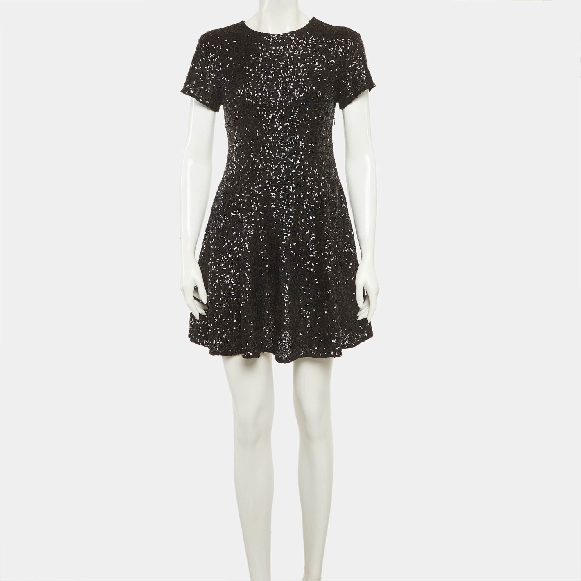 Maje Black Sequin Flared Mini Dress