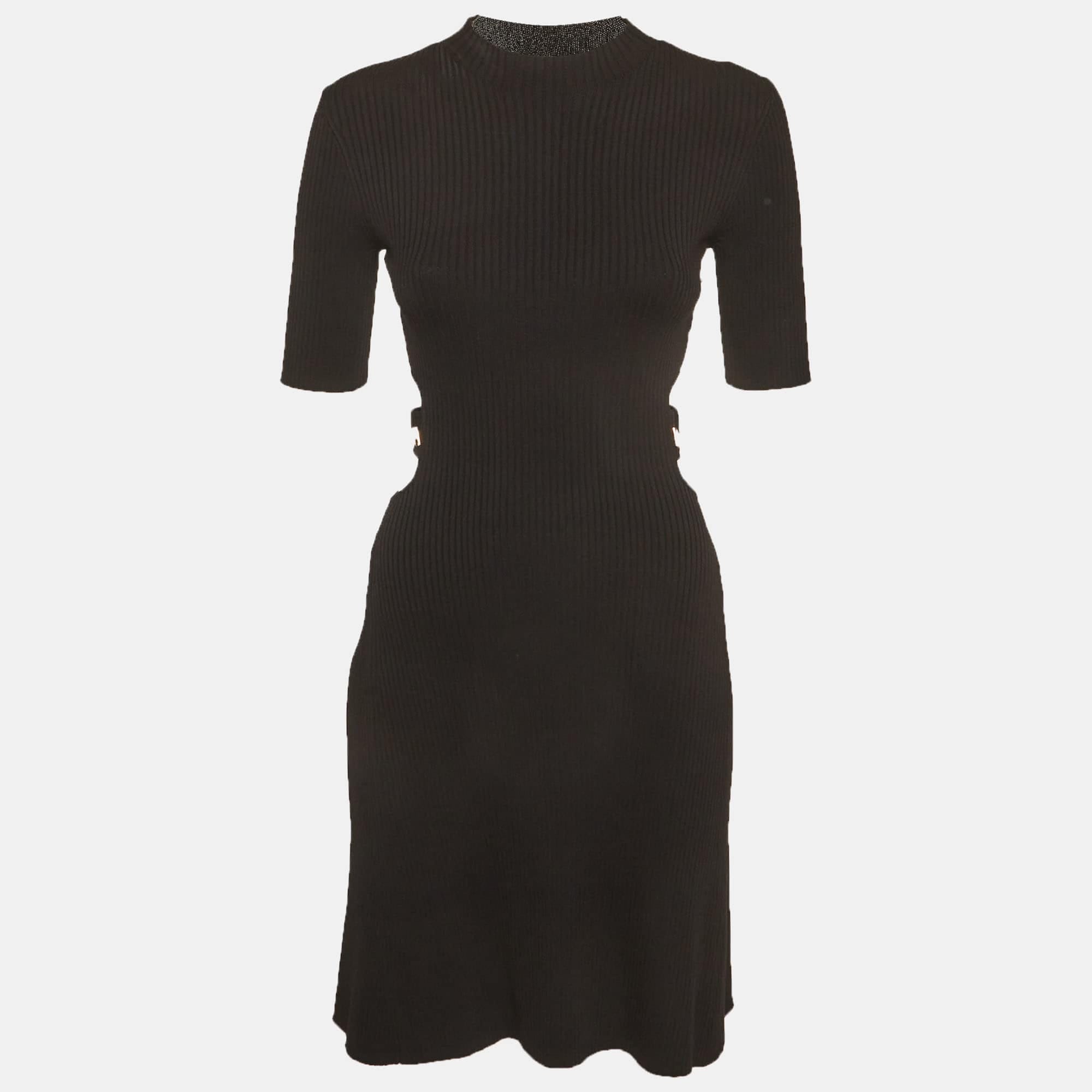 Maje Black Rib Knit Waist Cut - Out Mini Dress