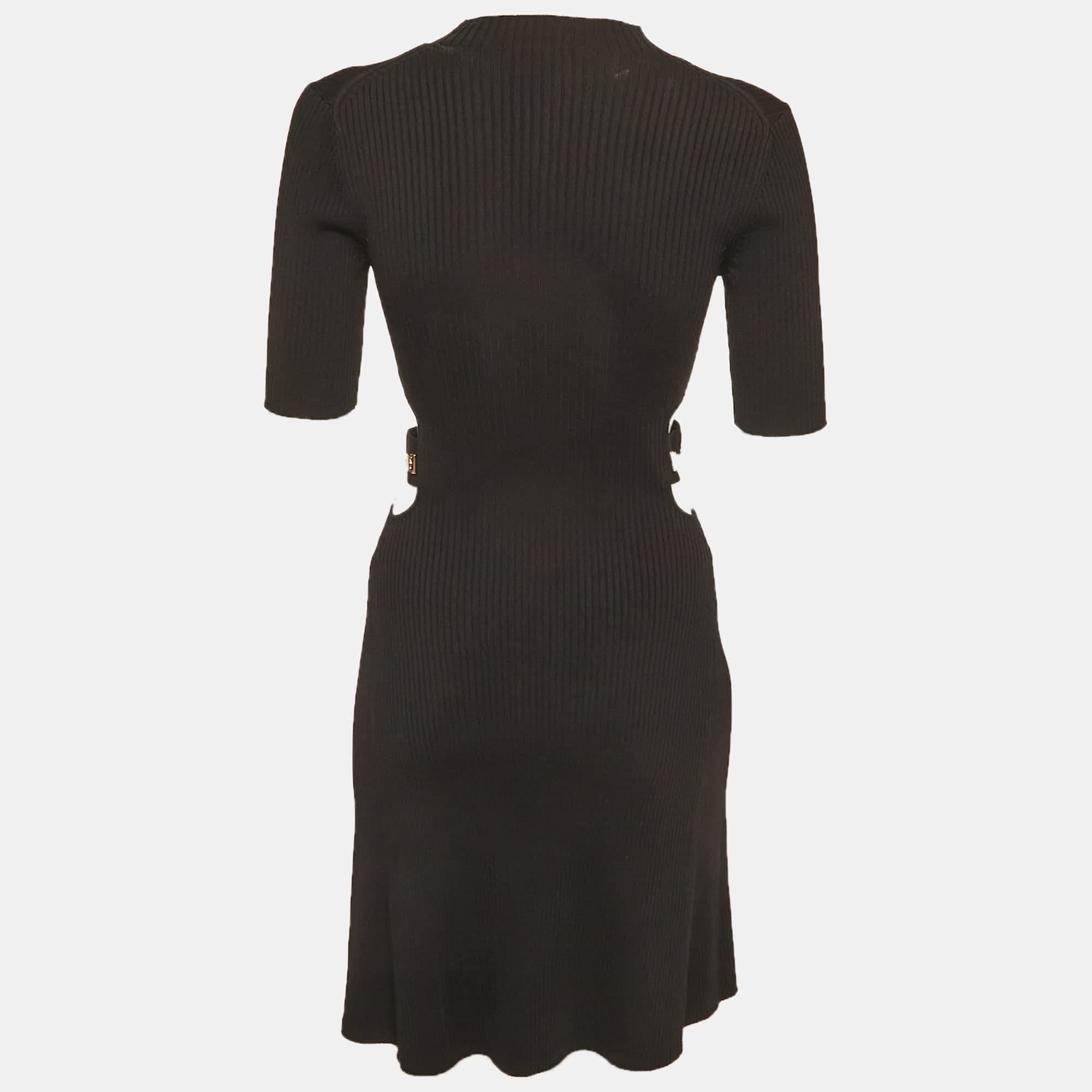 Maje Black Rib Knit Waist Cut - Out Mini Dress