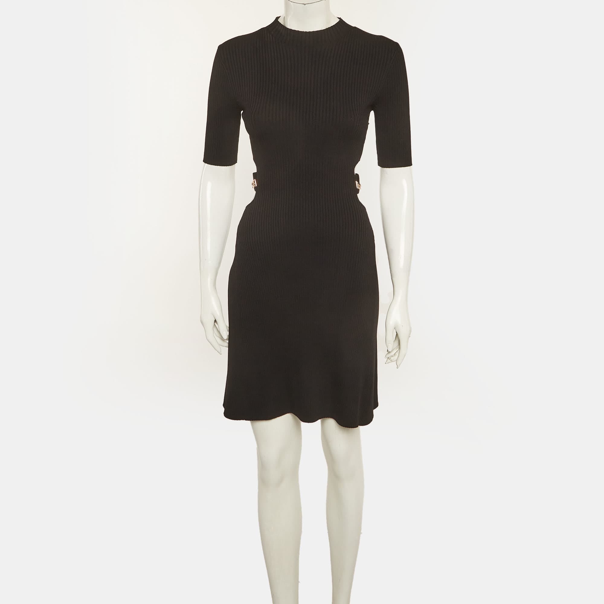 Maje Black Rib Knit Waist Cut - Out Mini Dress