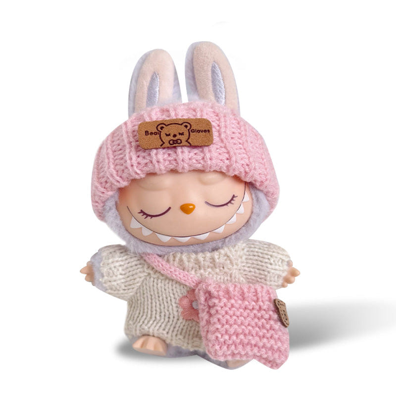 MY Funbox Official Store Labubu Outfit - Pink knitted hat + white floral sweater + pink knitted bag