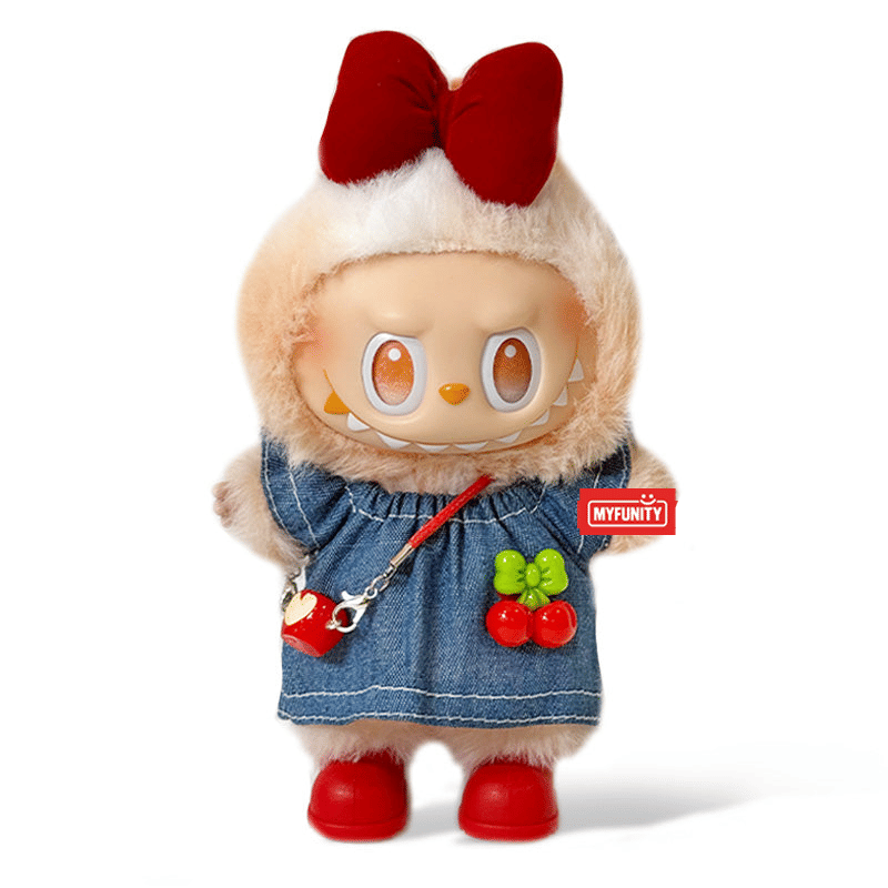 MY Funbox Official Store Labubu Outfit - Denim skirt + red shoes + red bow + small apple keychain