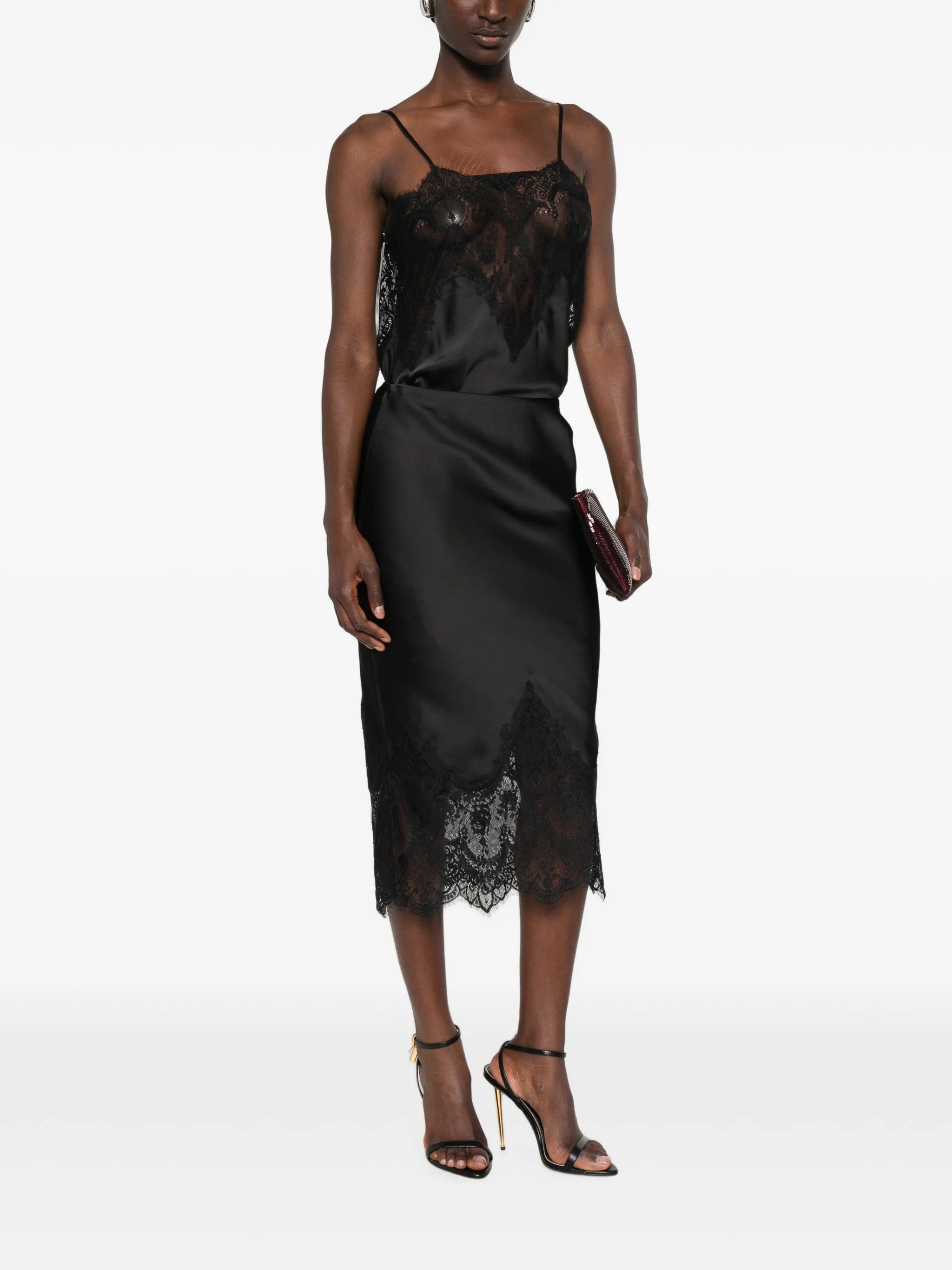 Norma Kamali lace - trim midi skirt