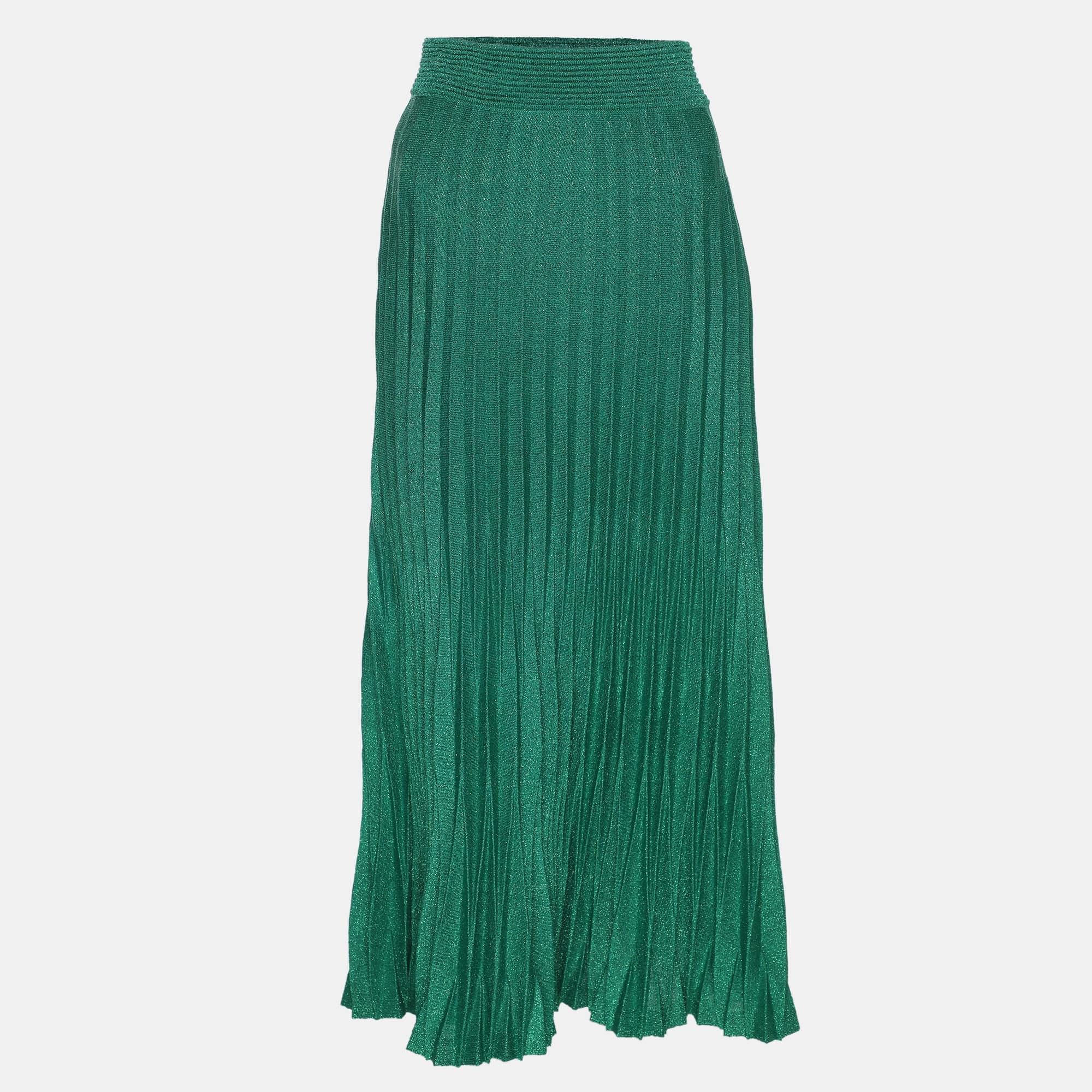 Knit Green Lurex Knit Pleated Maxi Skirt