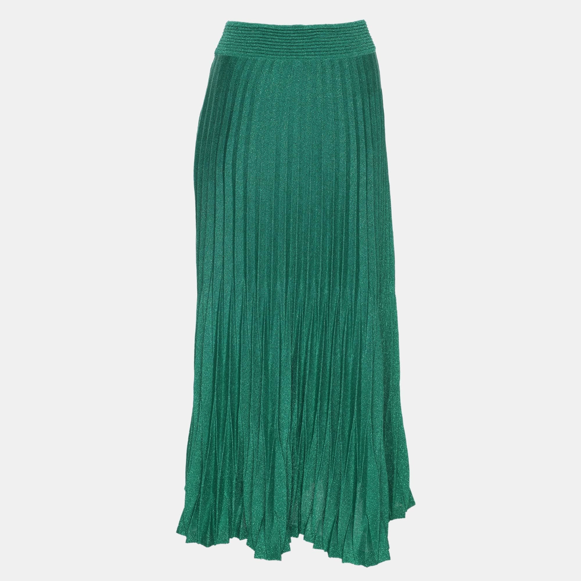 Knit Green Lurex Knit Pleated Maxi Skirt