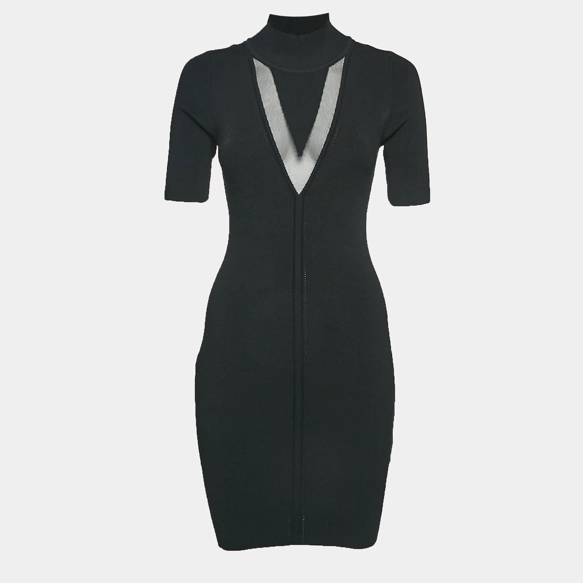Knit Black Rib Knit High Neck Bodycon Mini Dress
