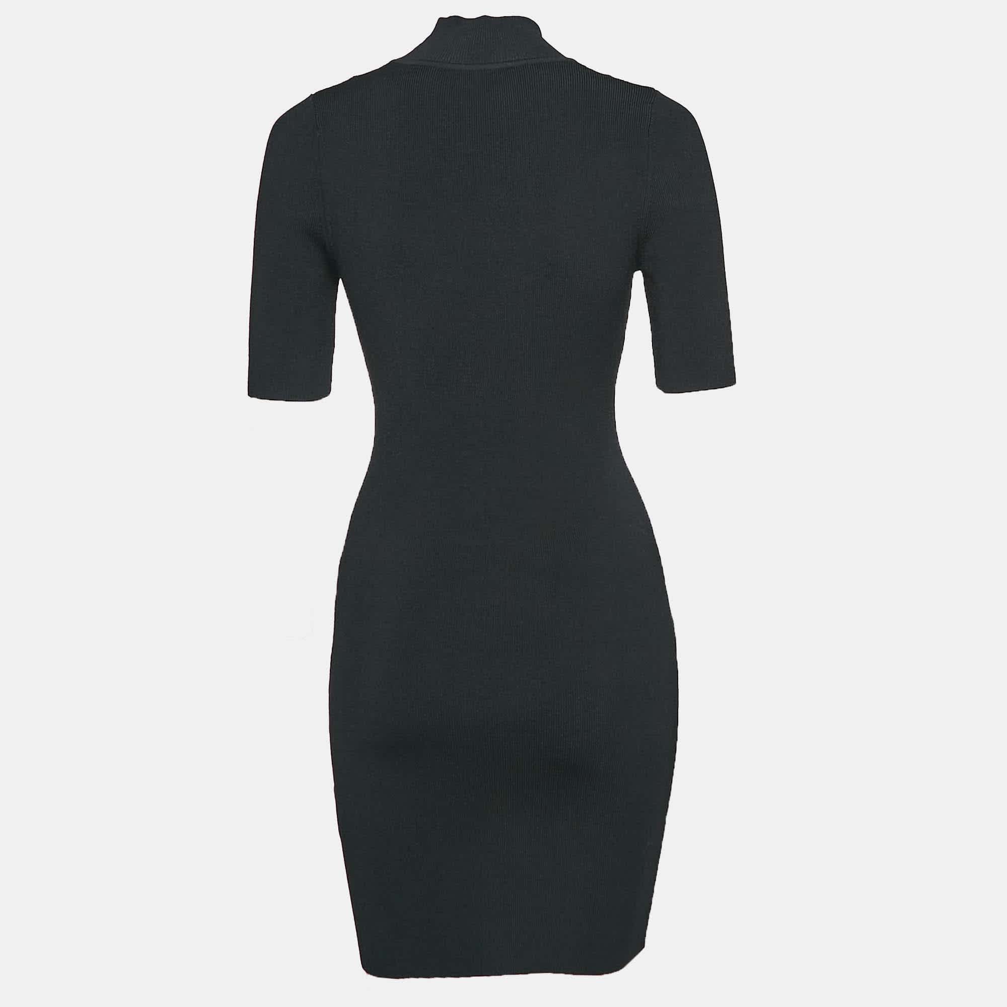 Knit Black Rib Knit High Neck Bodycon Mini Dress