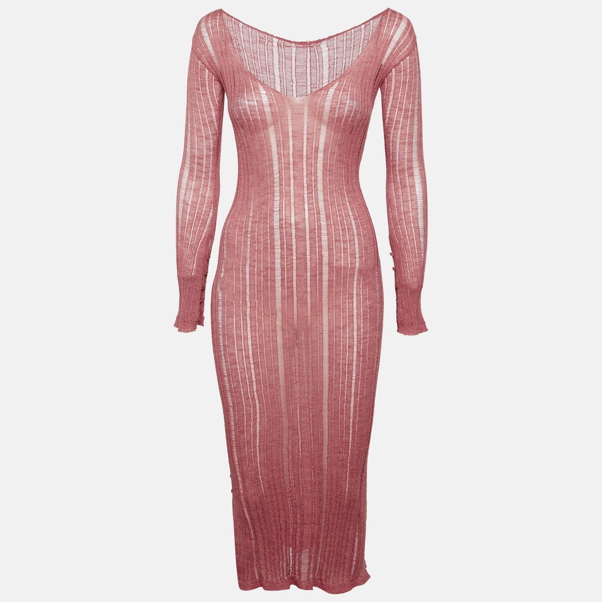 Knit Pink Lurex Rib Knit Semi Sheer Bodycon Dress
