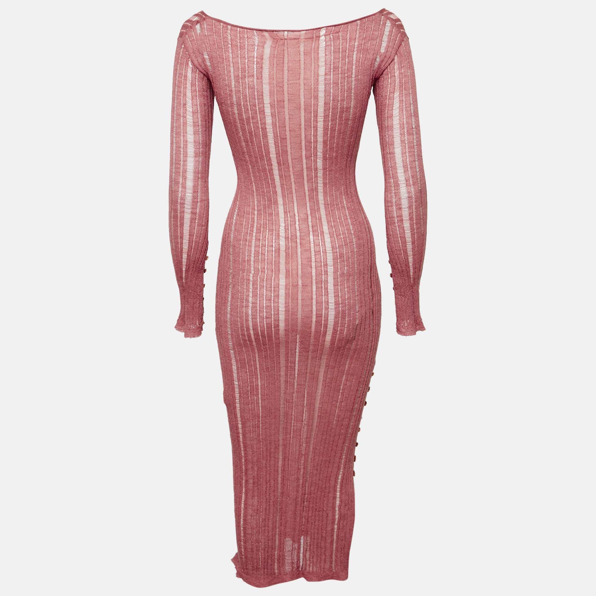 Knit Pink Lurex Rib Knit Semi Sheer Bodycon Dress