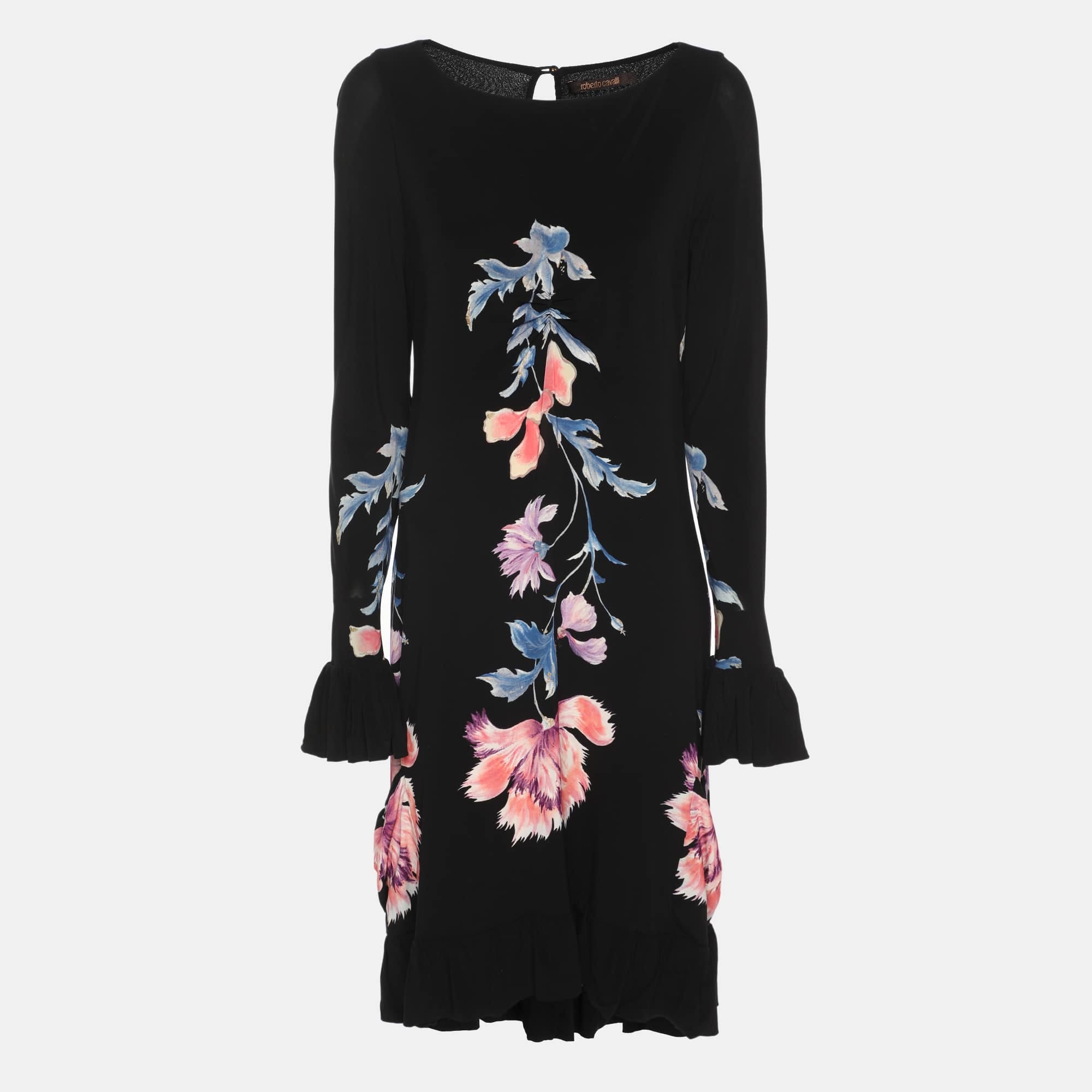 Knit Black Floral Print Stretch Knit Mini Dress