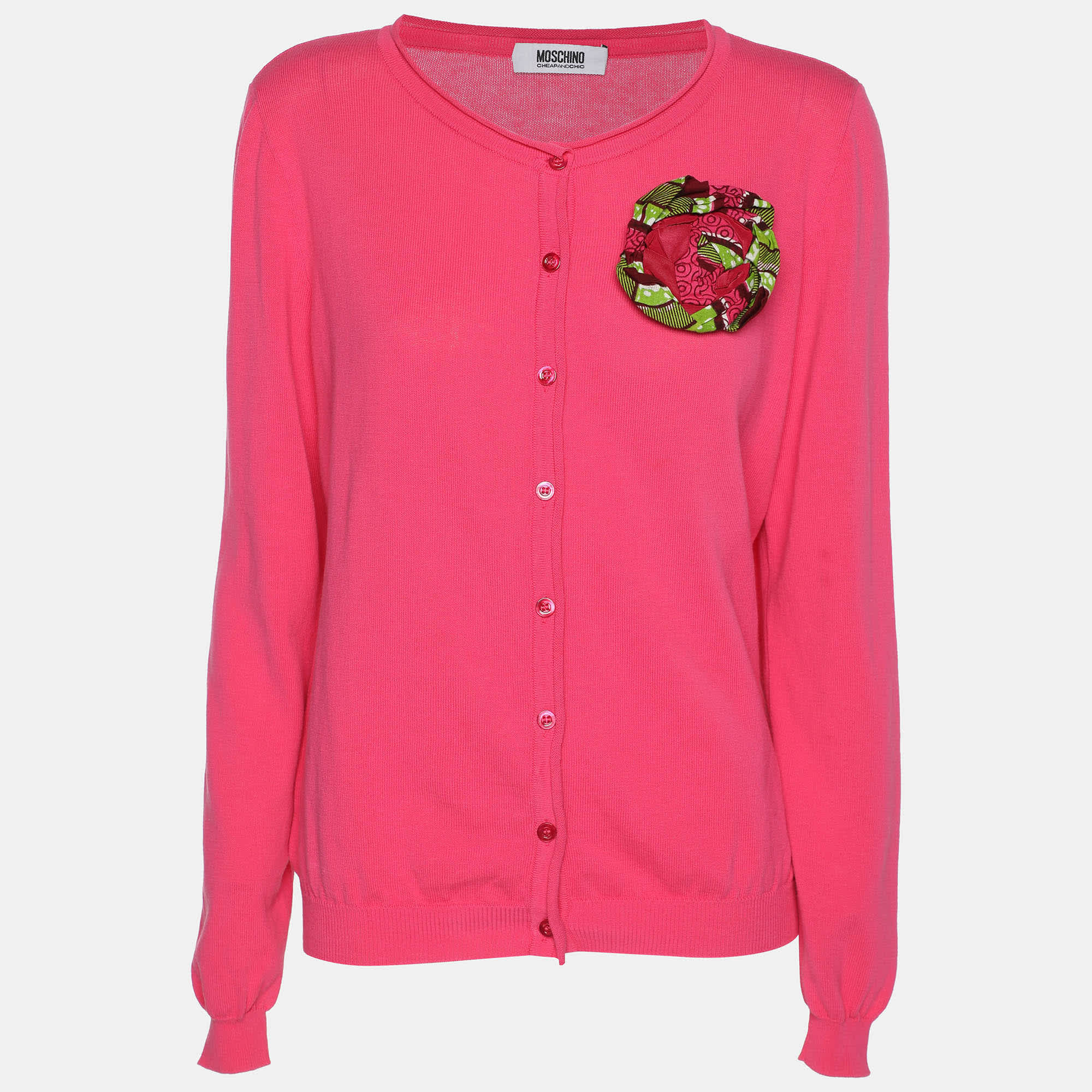 Knit Cheap And Chic Pink Cotton Knit Floral Applique Front Button Sweater
