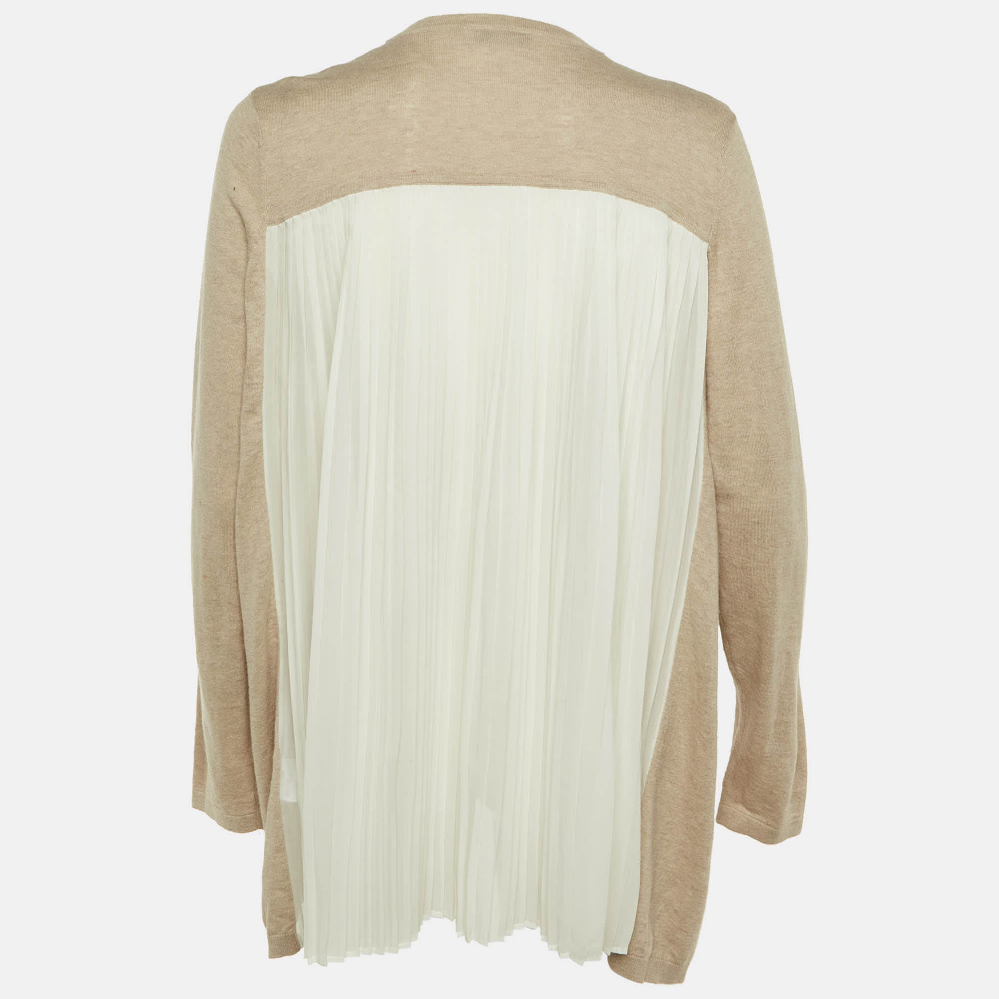 Knit Beige Knit & Crepe Pleated Cardigan