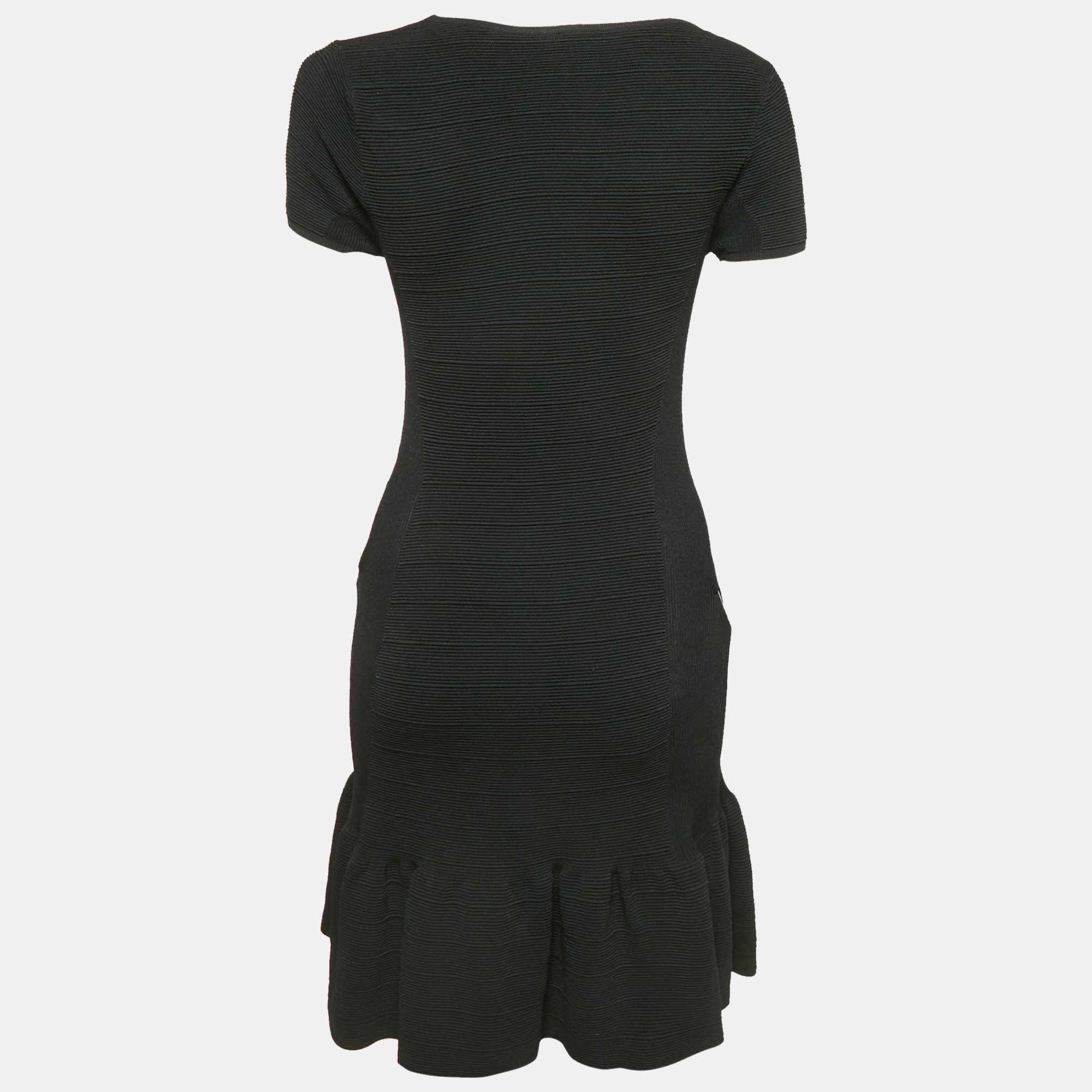 Knit Black Patterned Knit Zip Detail Short Dress