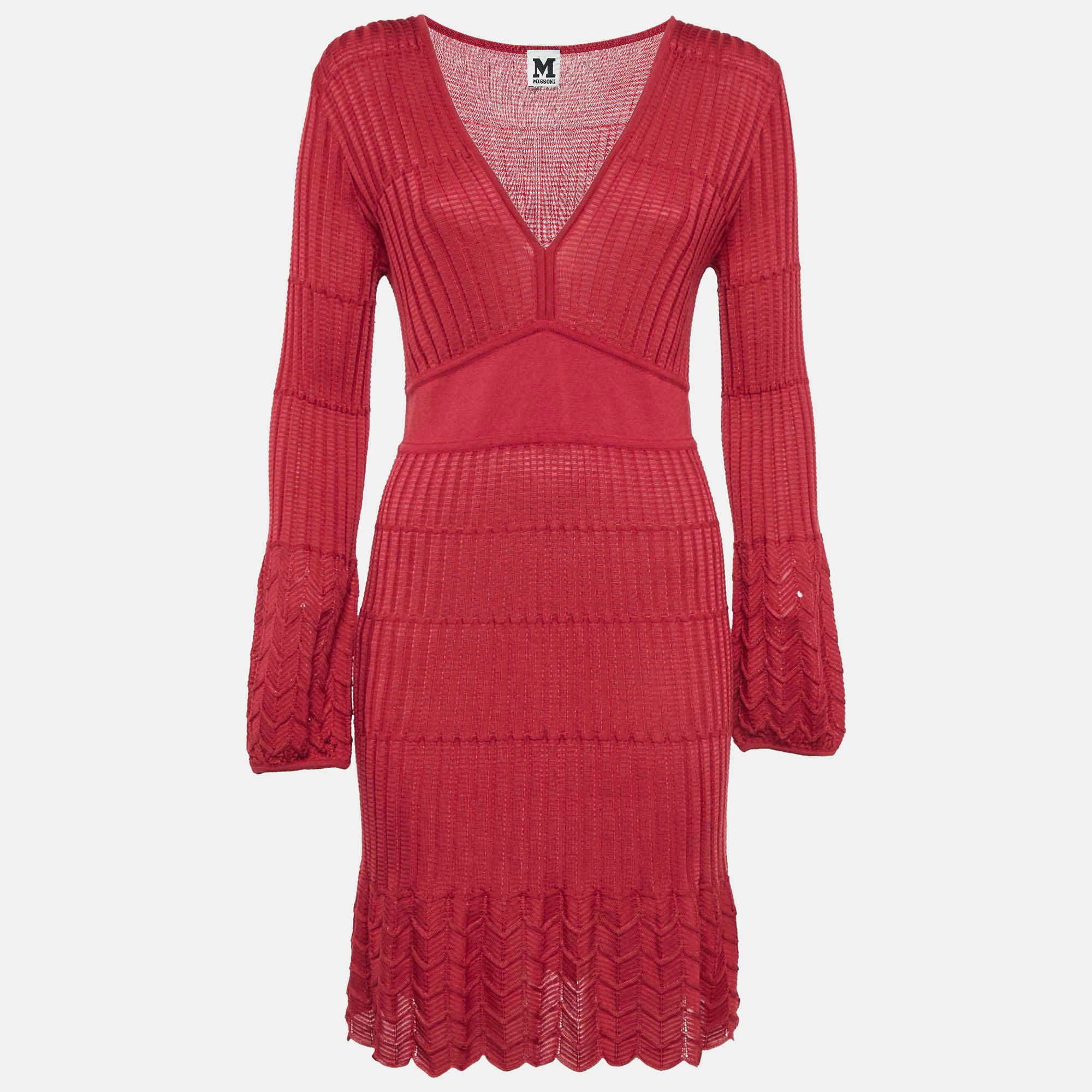 Knit Red Patterned Knit V - Neck Midi Dress