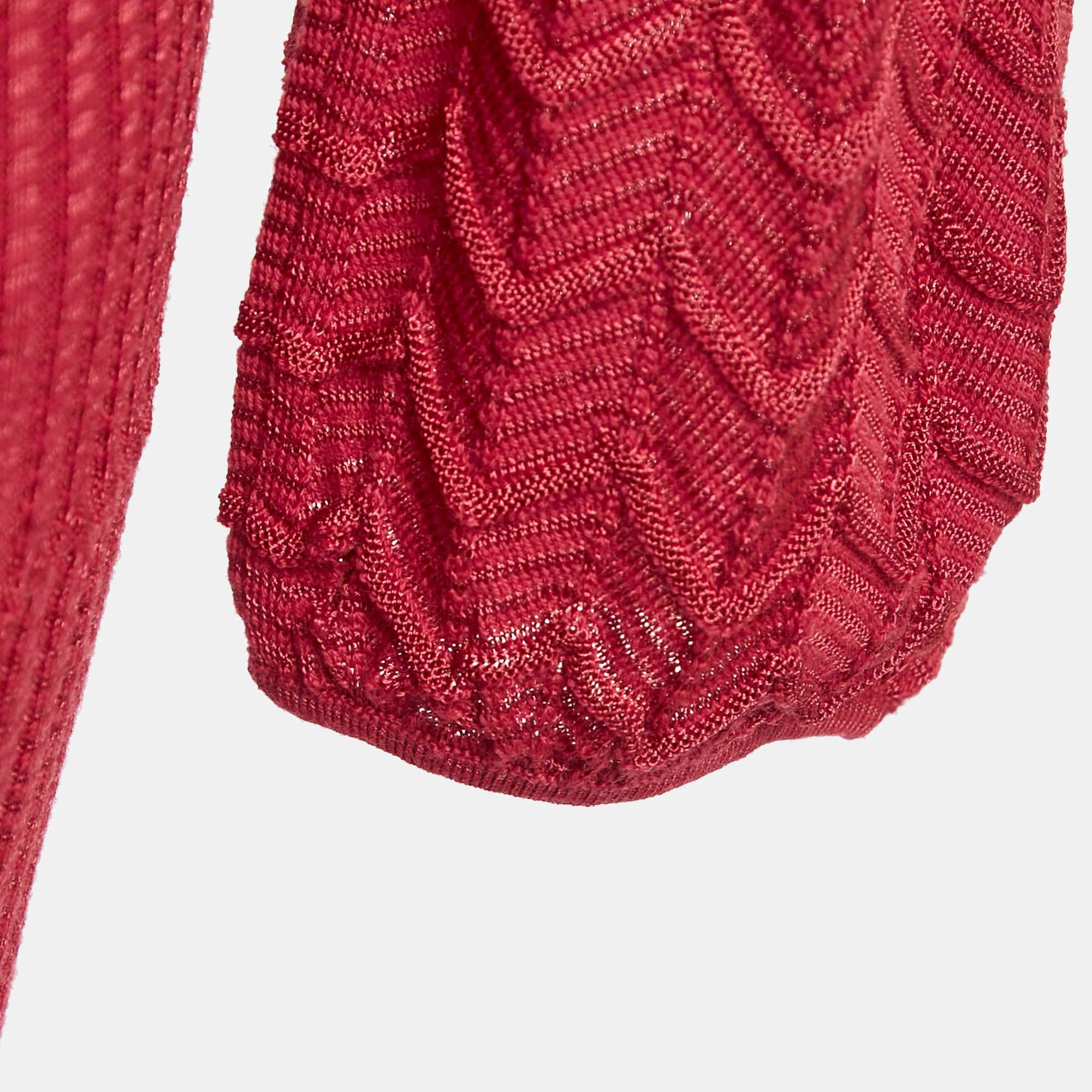 Knit Red Patterned Knit V - Neck Midi Dress
