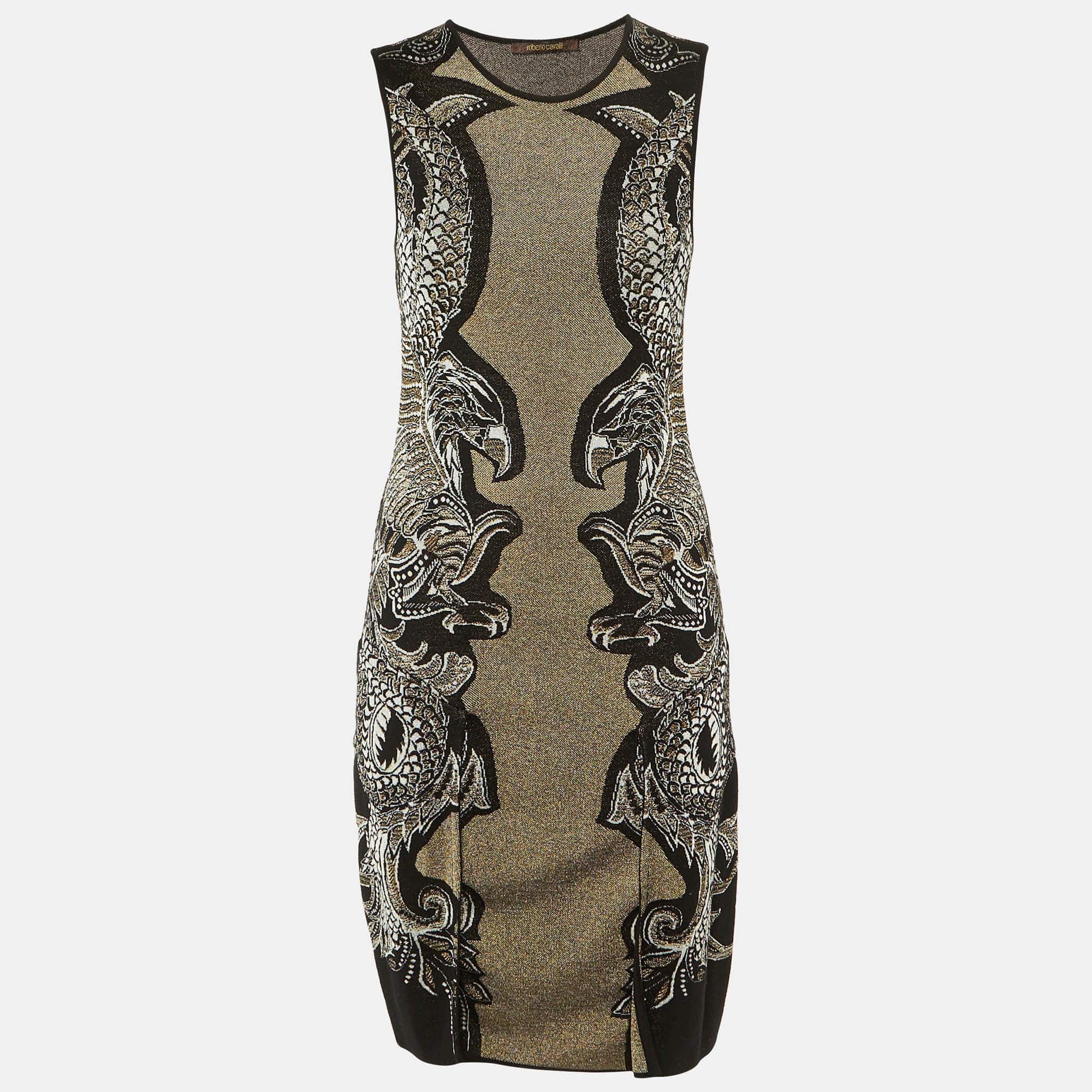 Knit Black Eagle Patterned Lurex Knit Short Dress