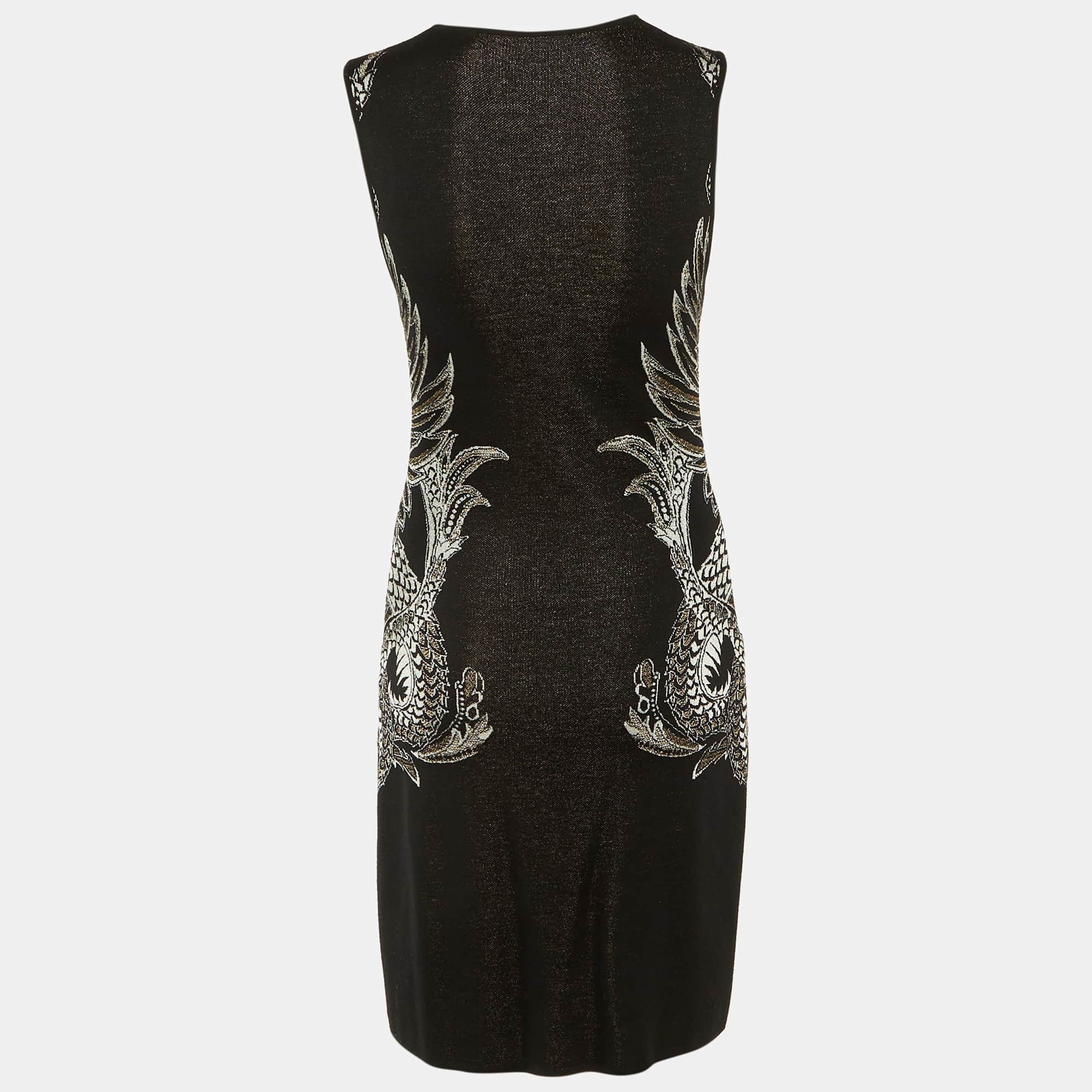 Knit Black Eagle Patterned Lurex Knit Short Dress