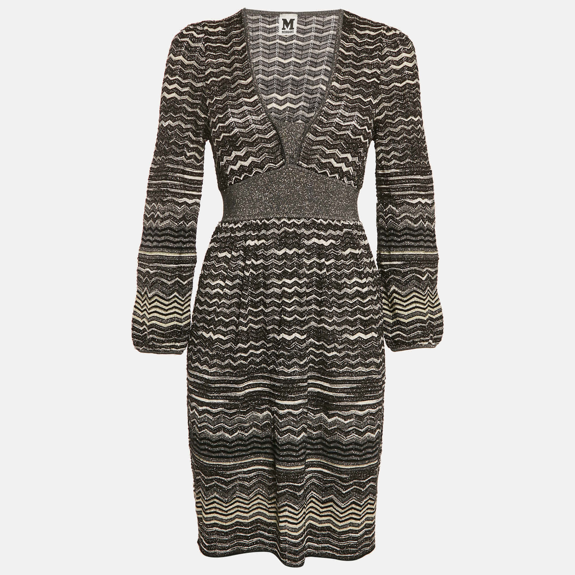 Knit Black Patterned Lurex Knit Mini Dress