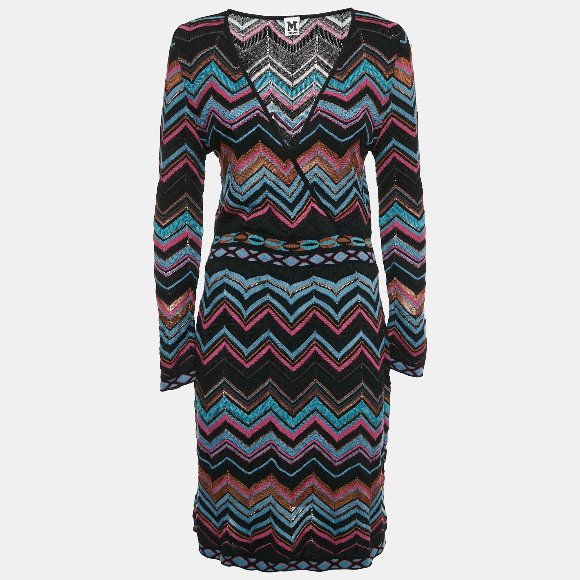Knit Multicolor Chevron Pattern Knit V - Neck Short Dress