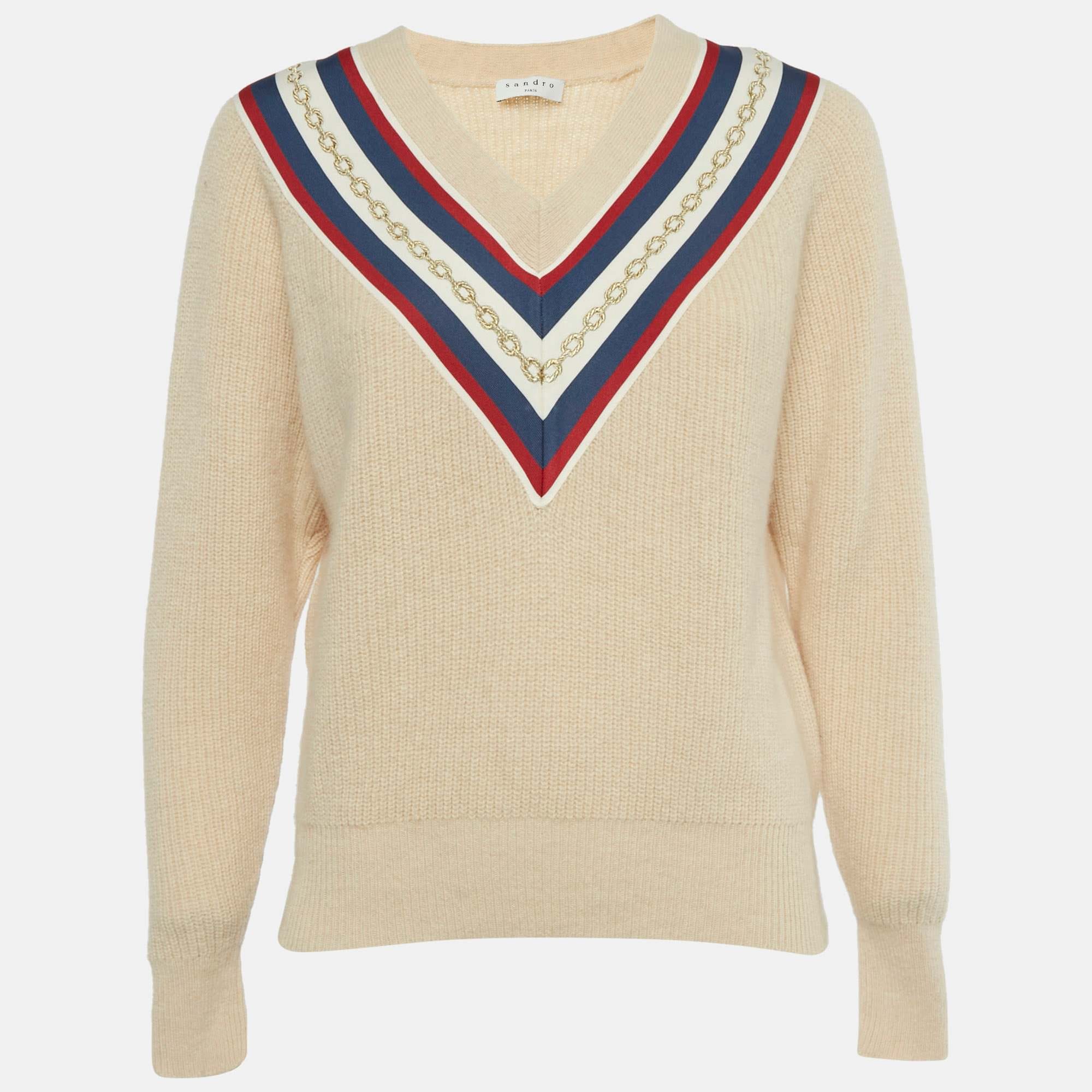 Knit Beige Applique Rib Knit V - Neck Sweater