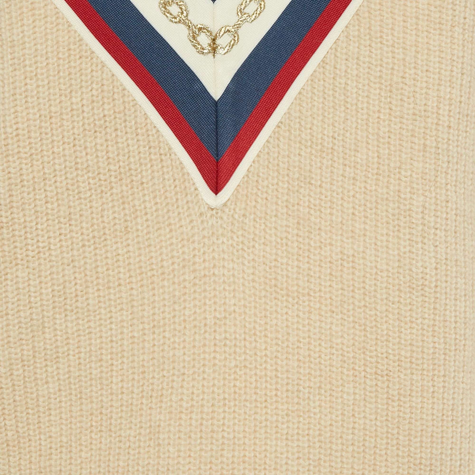 Knit Beige Applique Rib Knit V - Neck Sweater