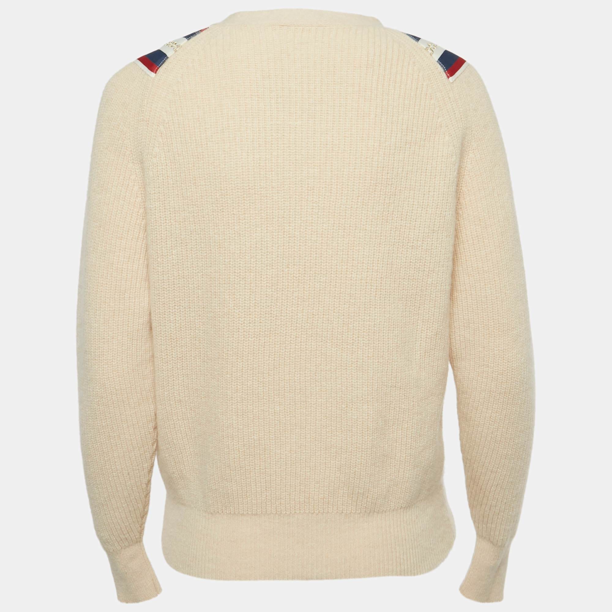 Knit Beige Applique Rib Knit V - Neck Sweater