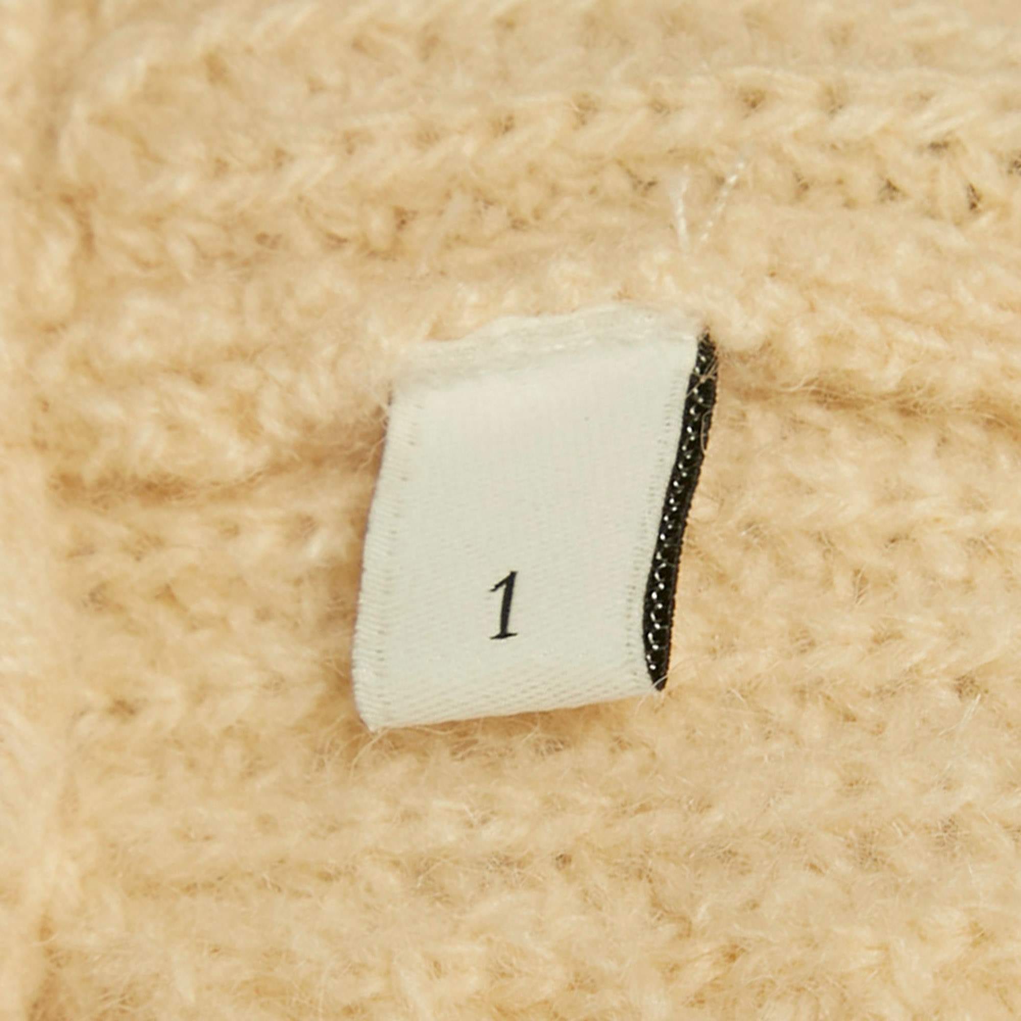 Knit Beige Applique Rib Knit V - Neck Sweater