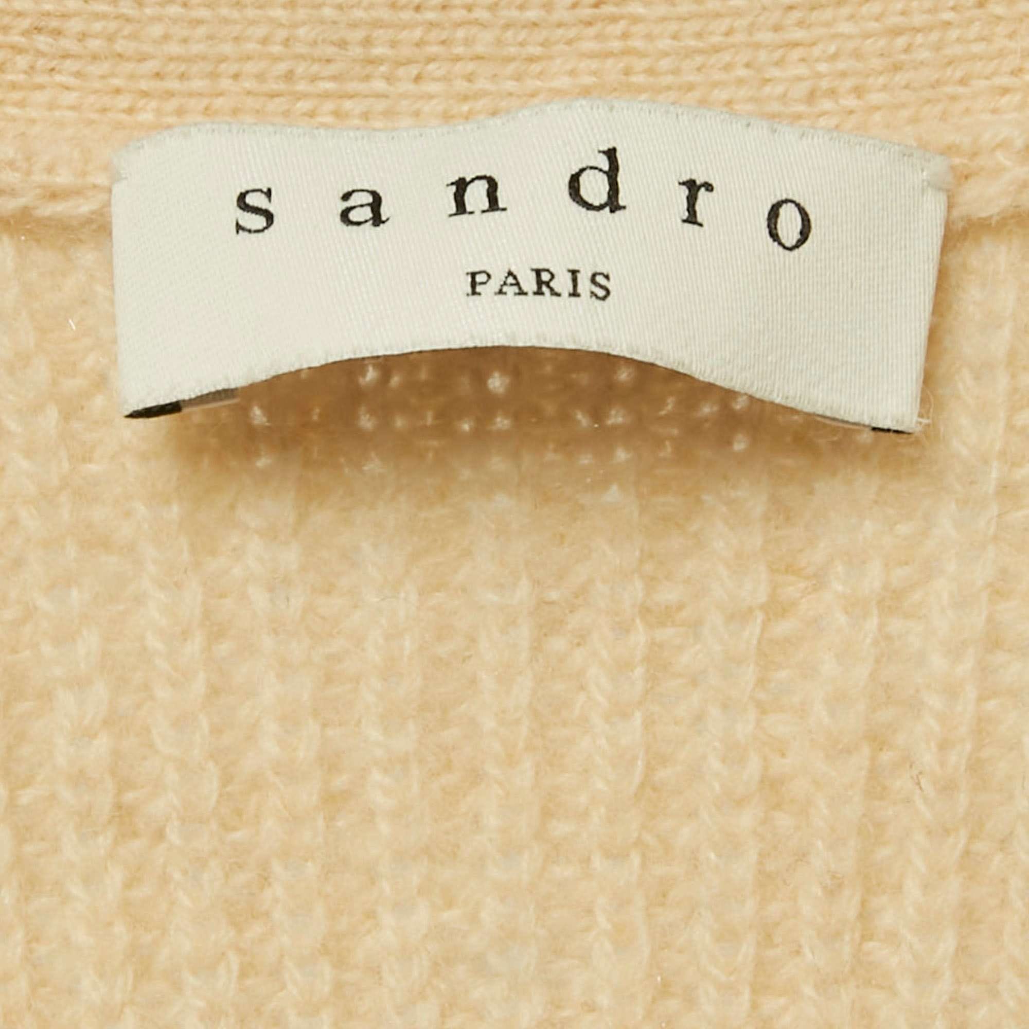 Knit Beige Applique Rib Knit V - Neck Sweater