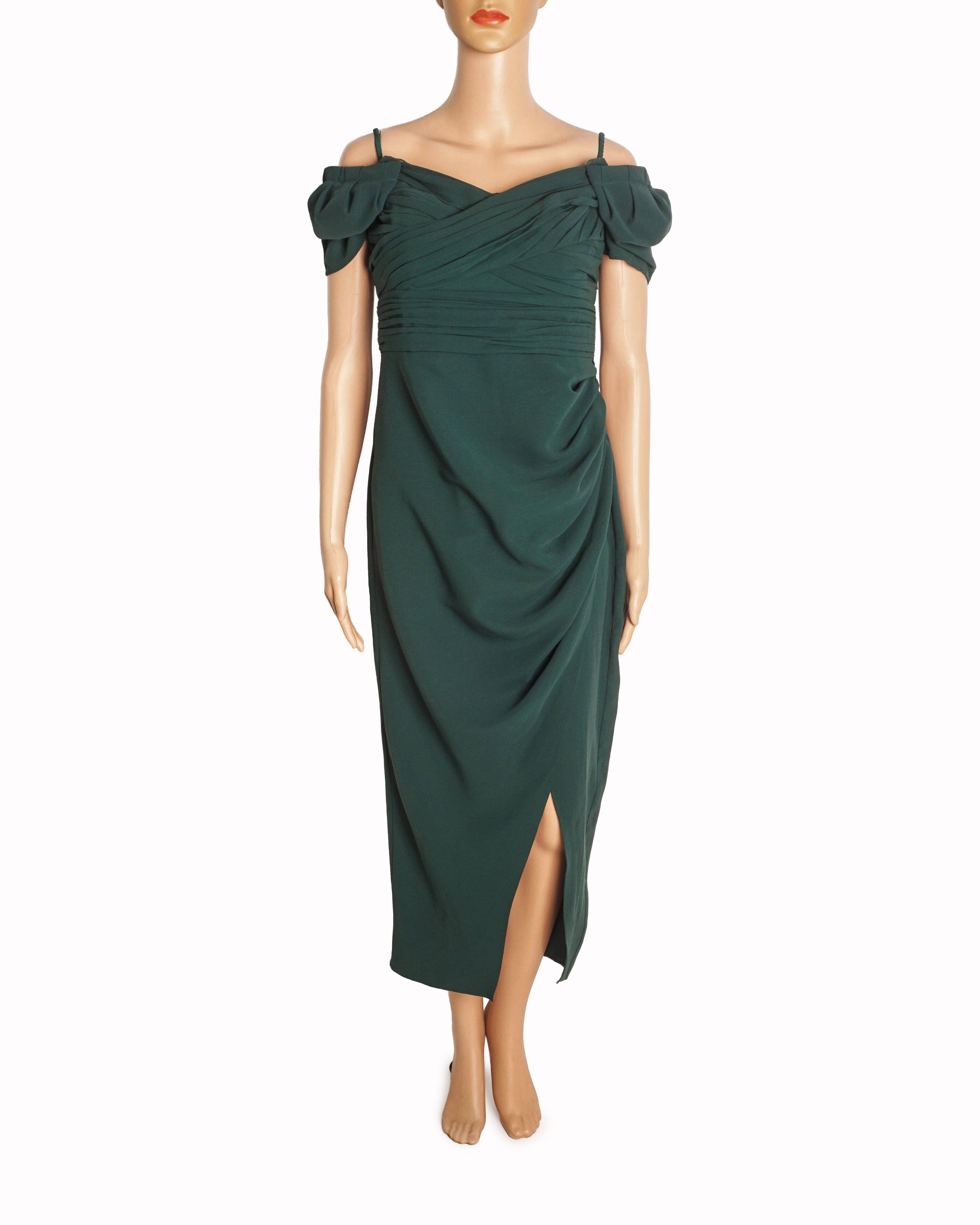 Self - Portrait Dark Green Sweetheart Ruched Twill Midi Dress