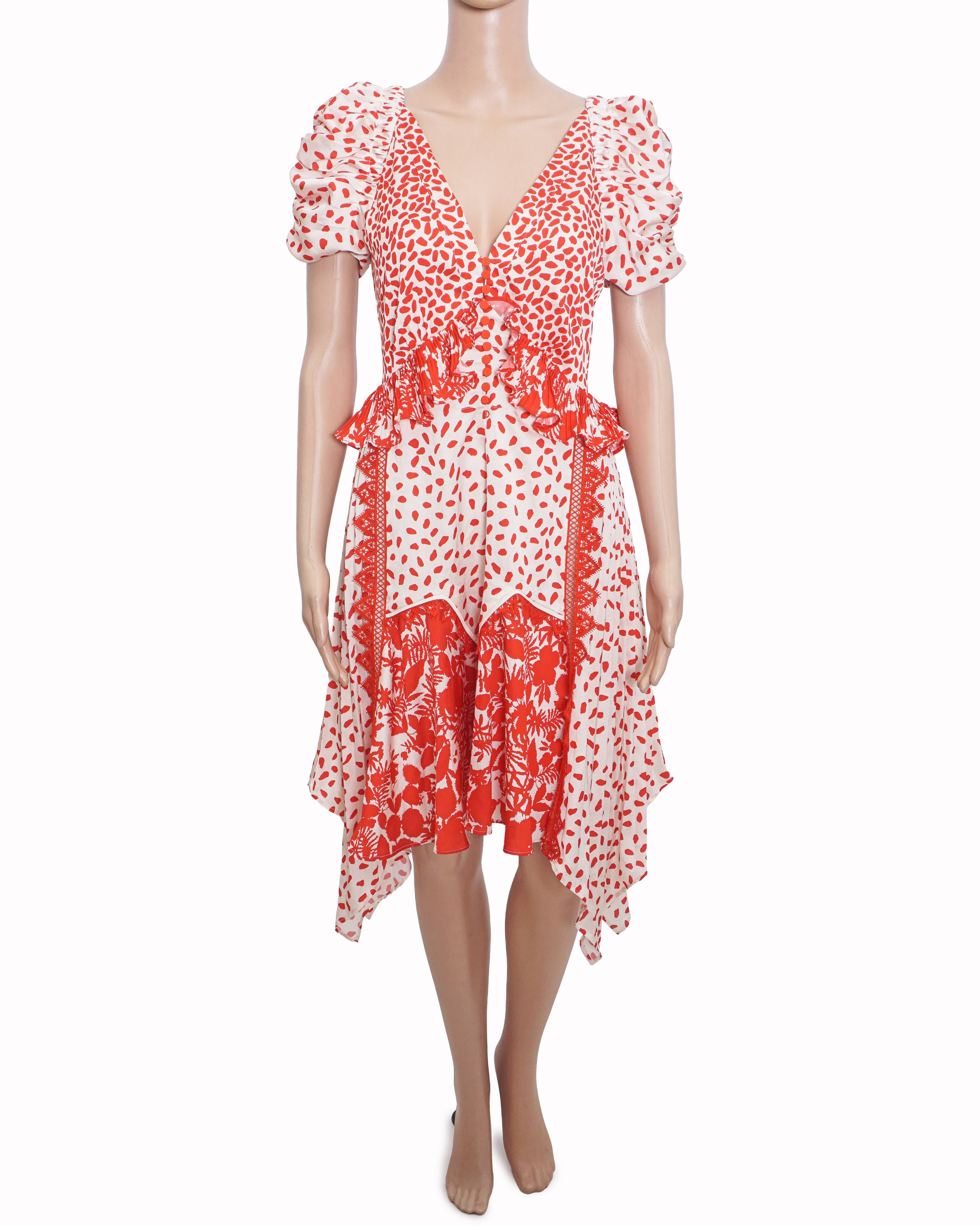 Self-Portrait Self - Potrait Satin Printed Handkerchief Dress In Cream - Red