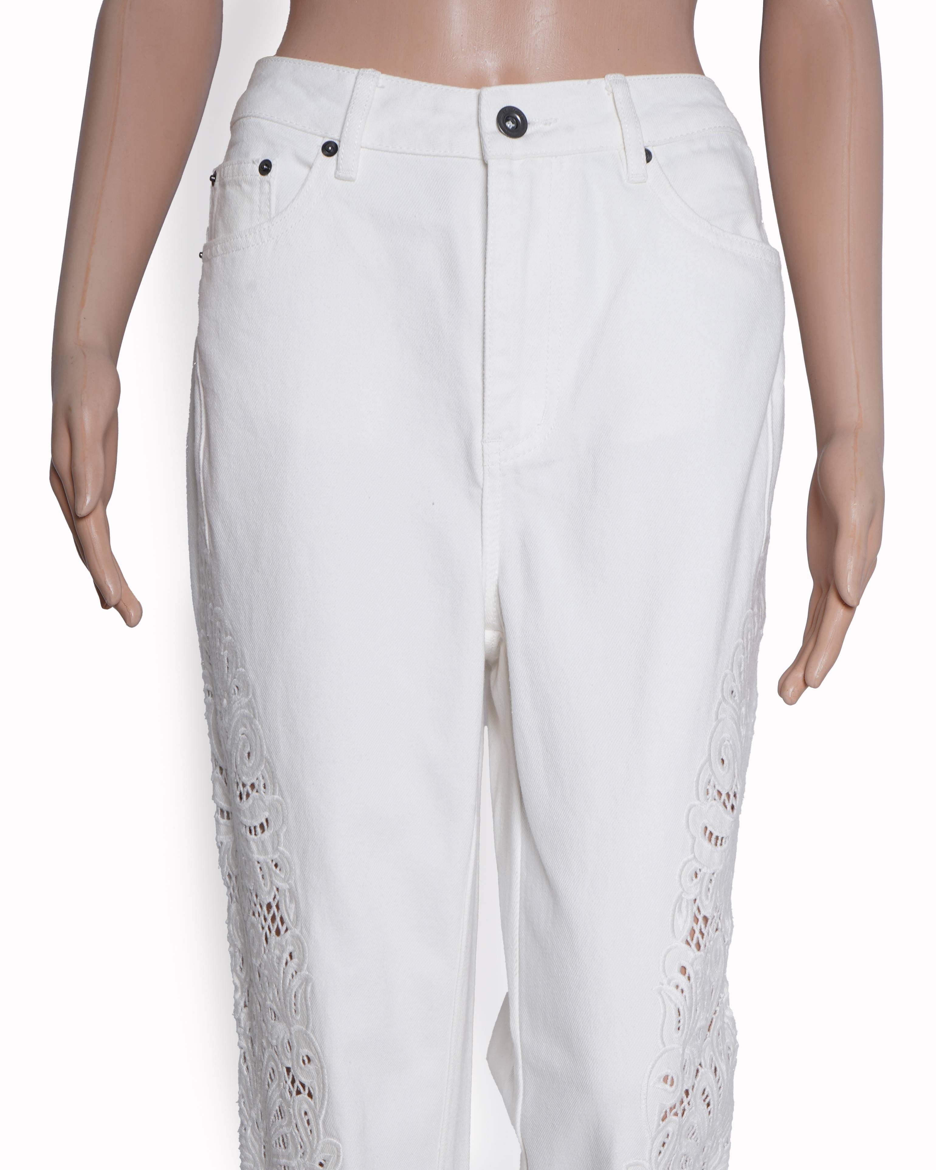 Self-Portrait Self - Potrait Embroidered Cotton Wide Leg Jeans