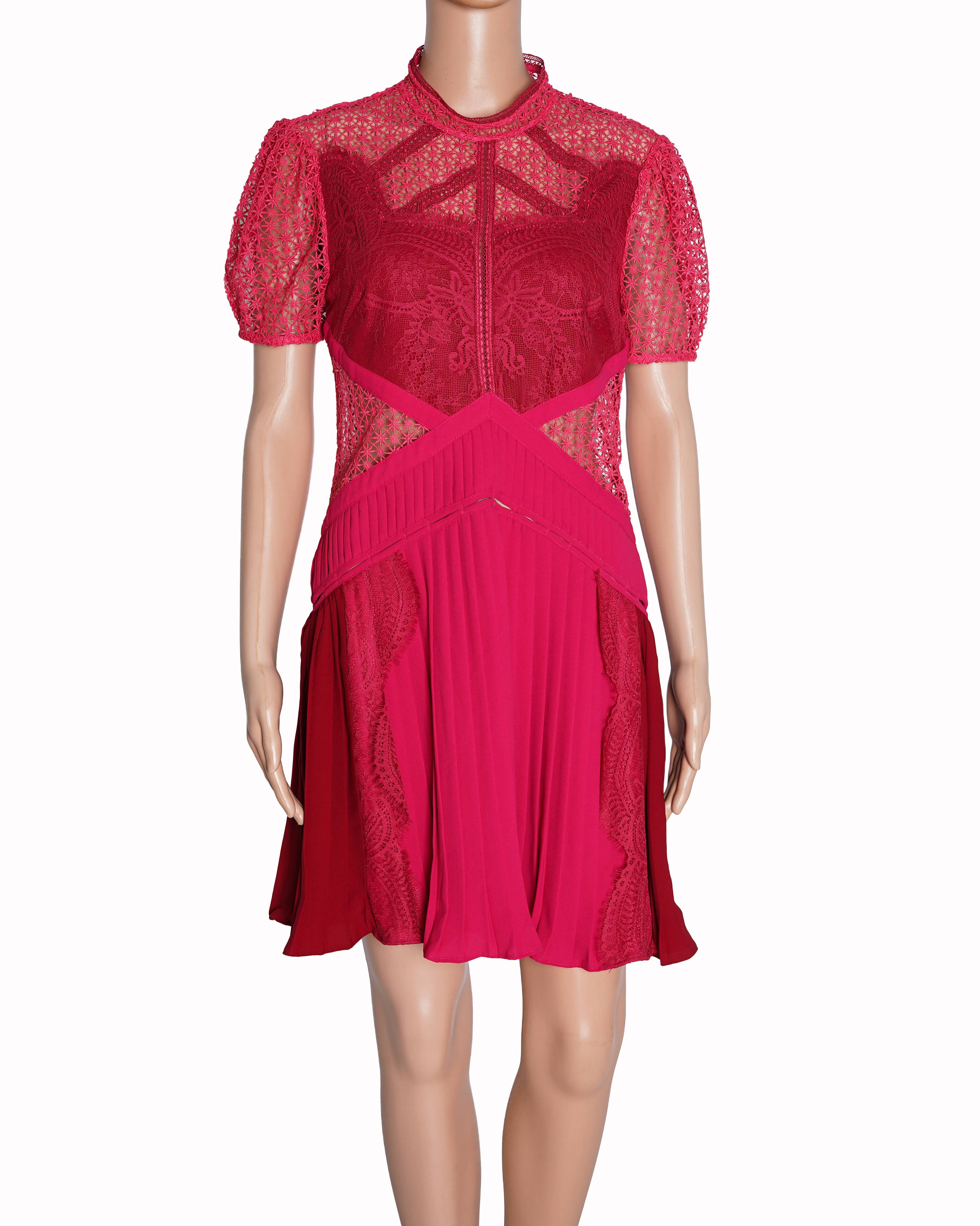 Self - Portrait Lace Dress In Red & Fuschia Pink
