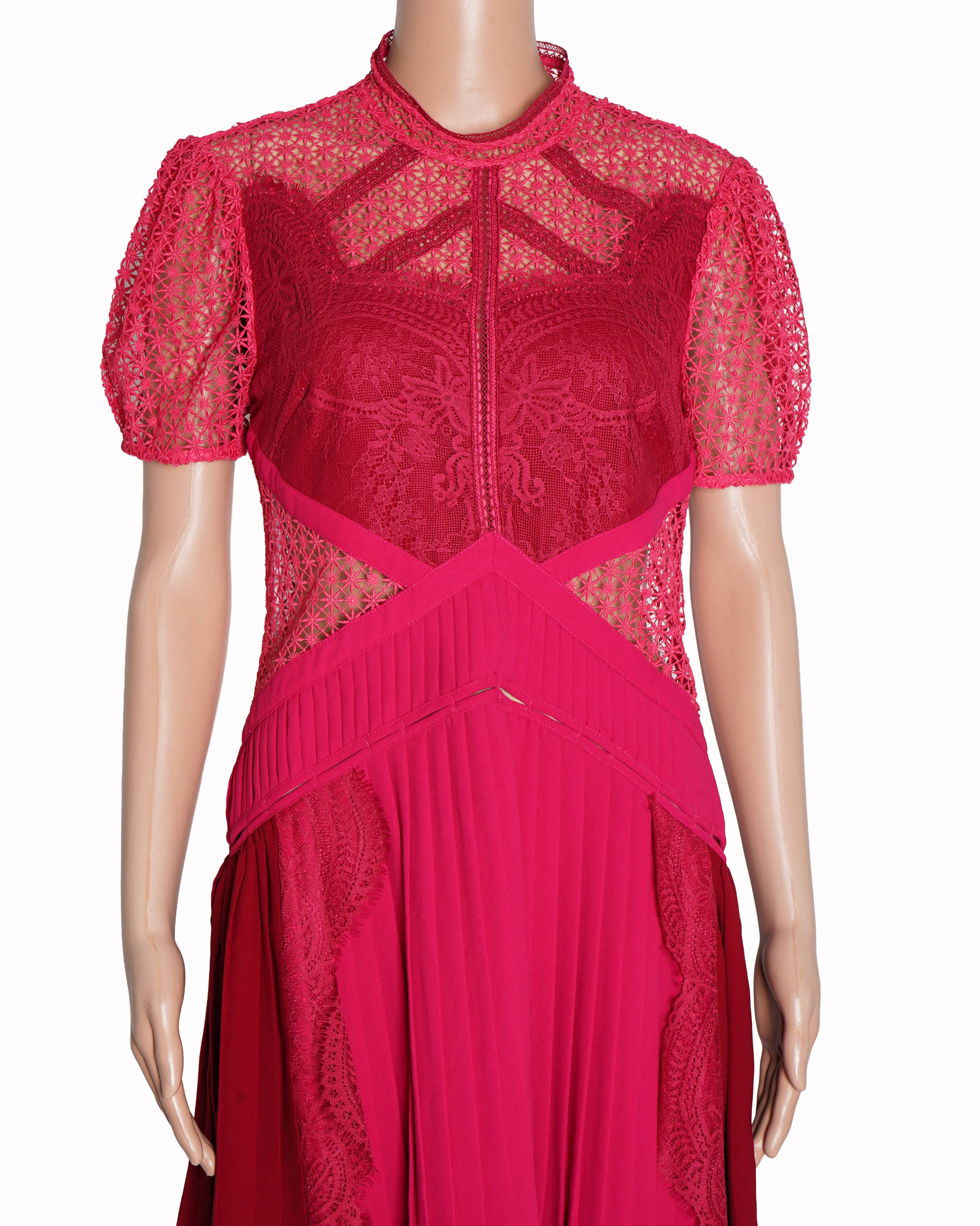 Self - Portrait Lace Dress In Red & Fuschia Pink