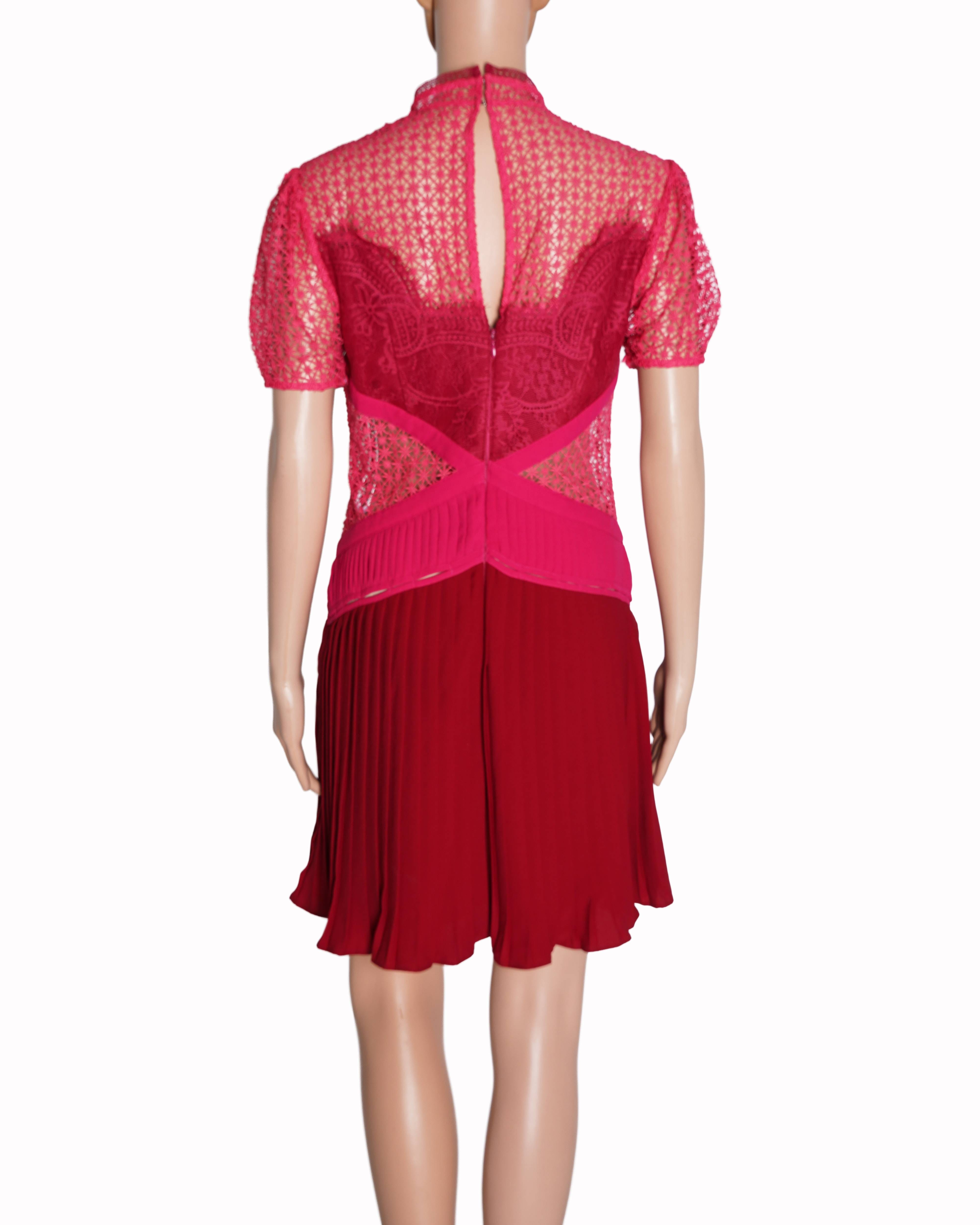 Self - Portrait Lace Dress In Red & Fuschia Pink