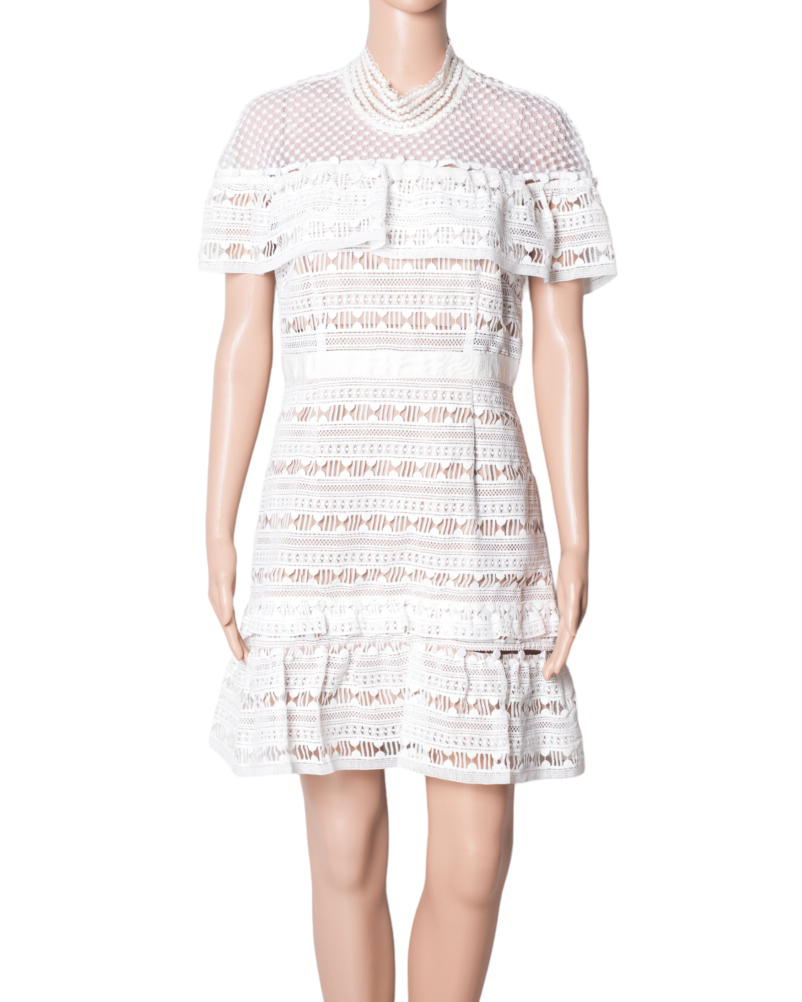 Self - Portrait White Lace Cut - Out Mock Neck Tiered Ruffle Trim Sheath Dress