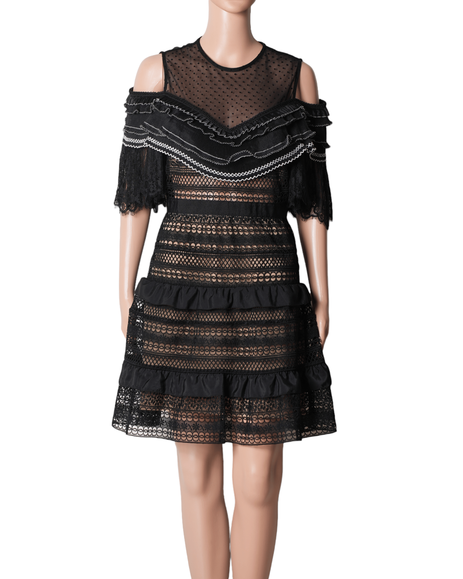 Self - Portrait Stripe Paneled Lace Dress In Black