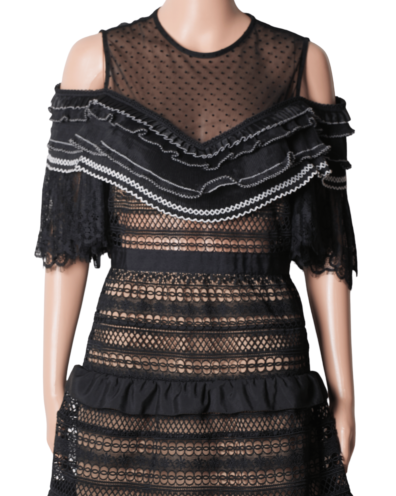 Self - Portrait Stripe Paneled Lace Dress In Black