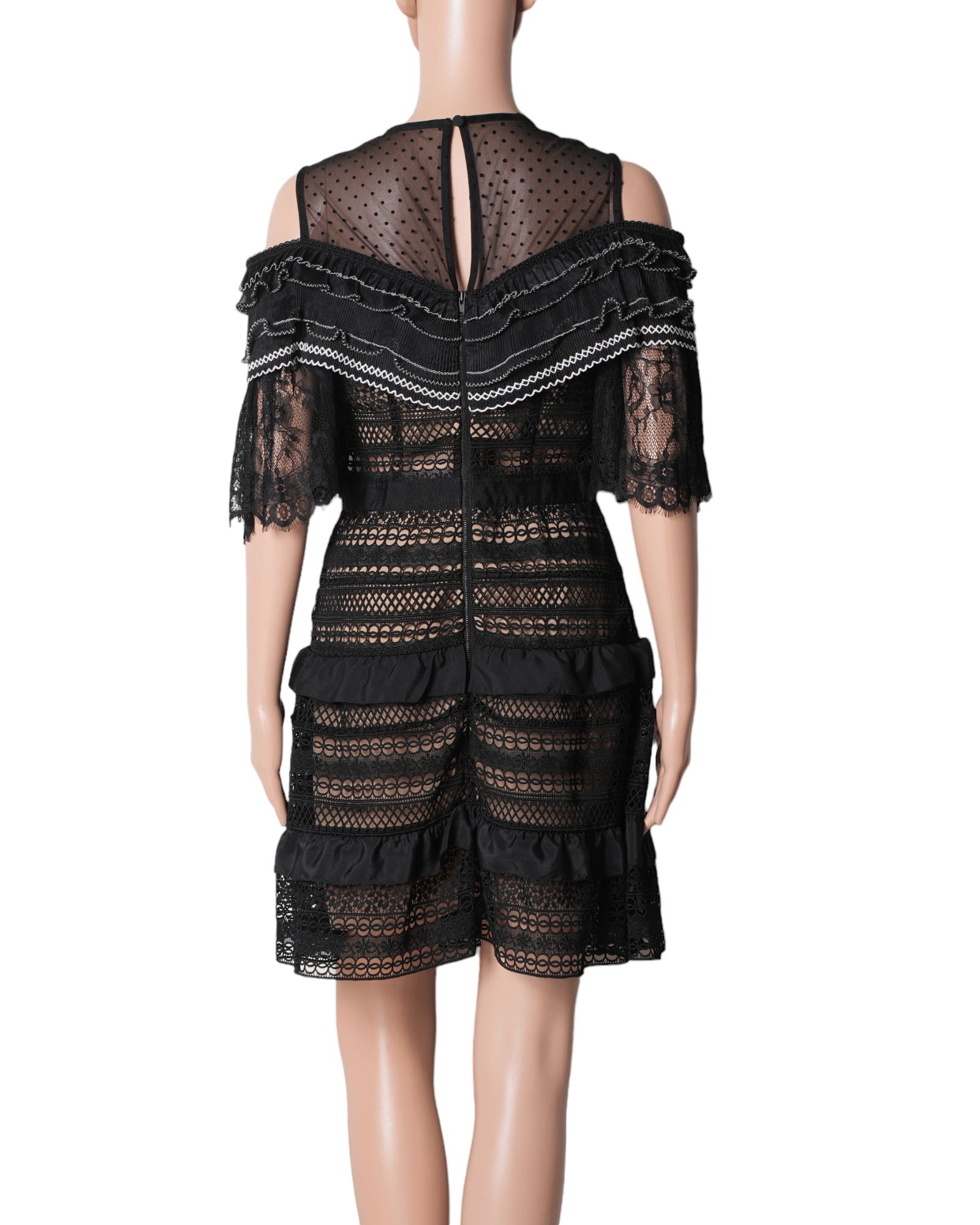 Self - Portrait Stripe Paneled Lace Dress In Black