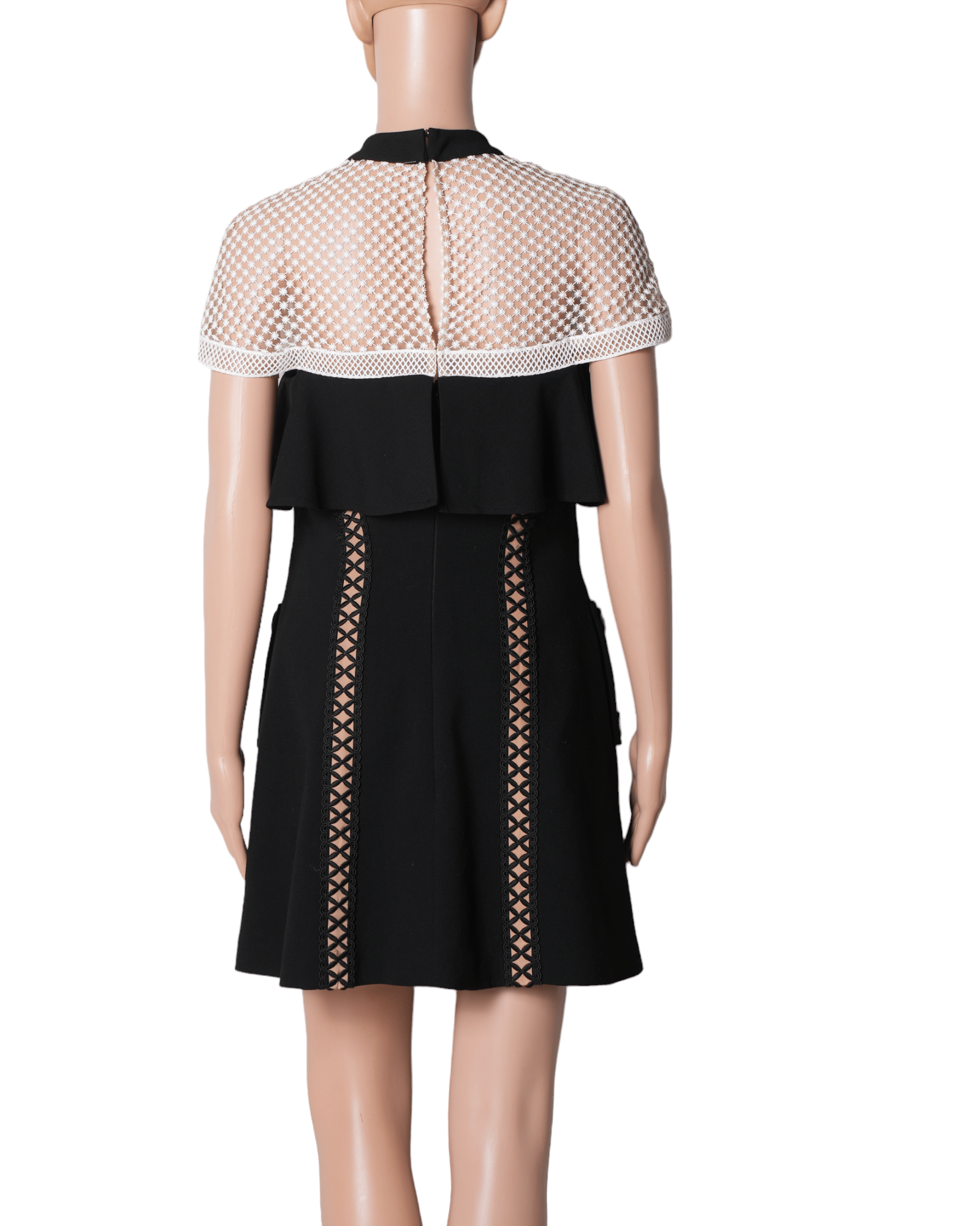 Self - Portrait Black Crepe Lace Trim Bow Detail Mini Dress