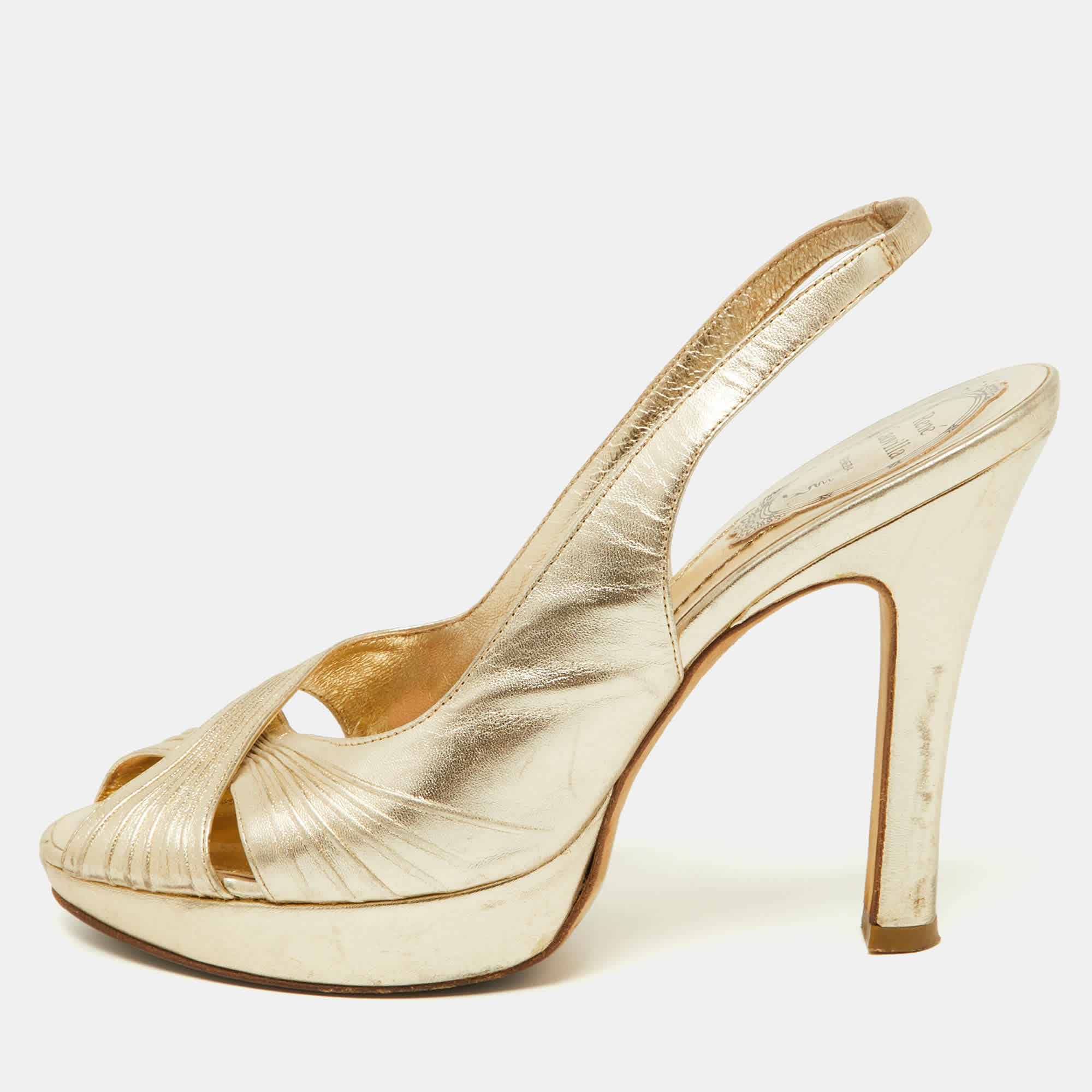 CROSS René Caovilla Gold Pleated Leather Cross Strap Slingback Sandals Size