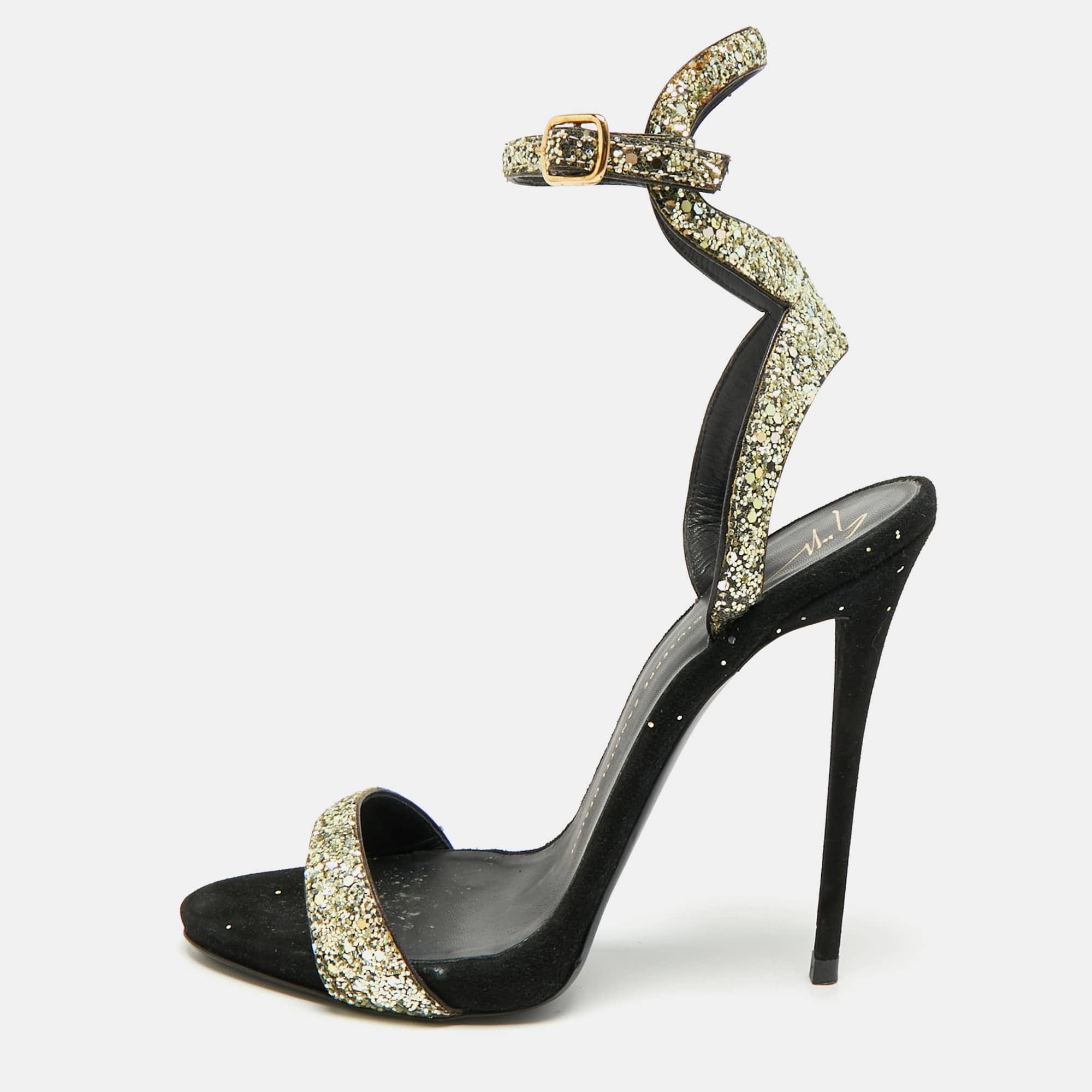 And Size 39 Gold/black Glitter And Suede Ankle Strap Sandals