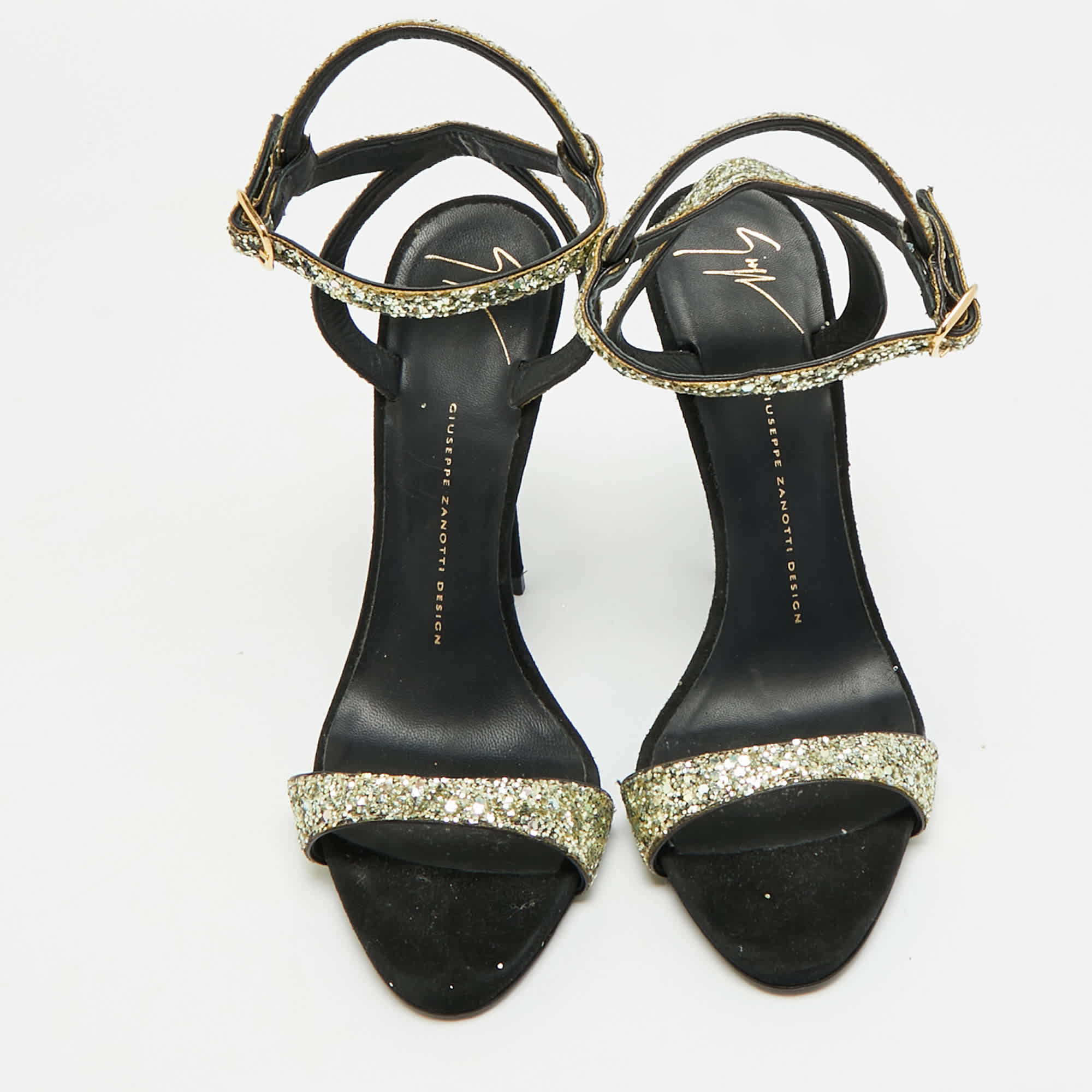 And Size 39 Gold/black Glitter And Suede Ankle Strap Sandals