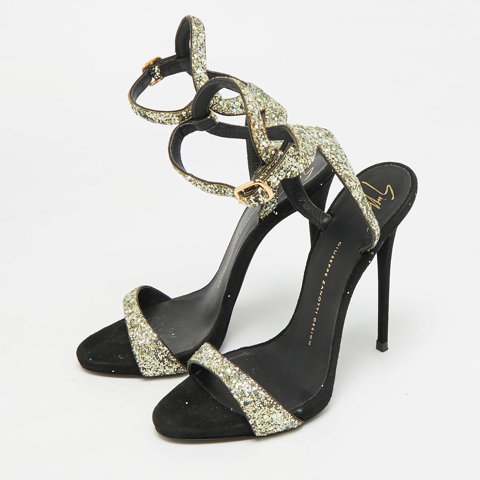And Size 39 Gold/black Glitter And Suede Ankle Strap Sandals