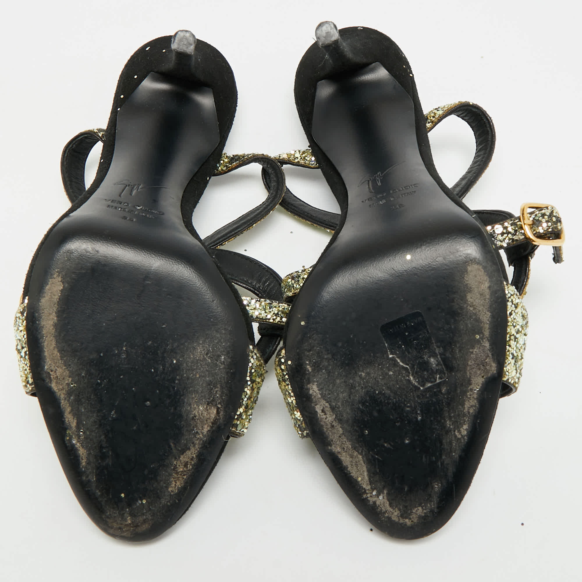And Size 39 Gold/black Glitter And Suede Ankle Strap Sandals