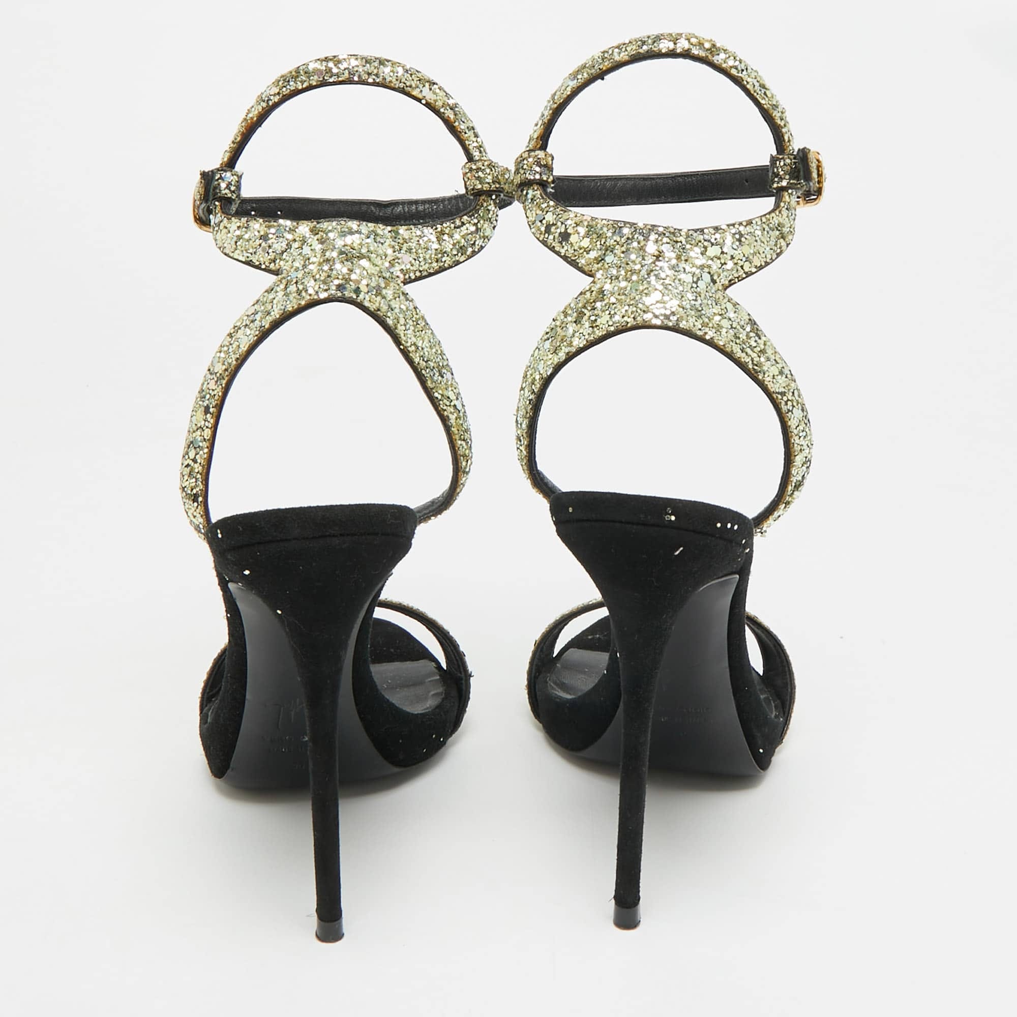 And Size 39 Gold/black Glitter And Suede Ankle Strap Sandals